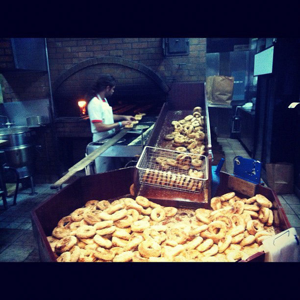 There's bagels. And then fresh out of the wood fire St. Viateur sesame Montreal bagels... And you're spoiled then on in