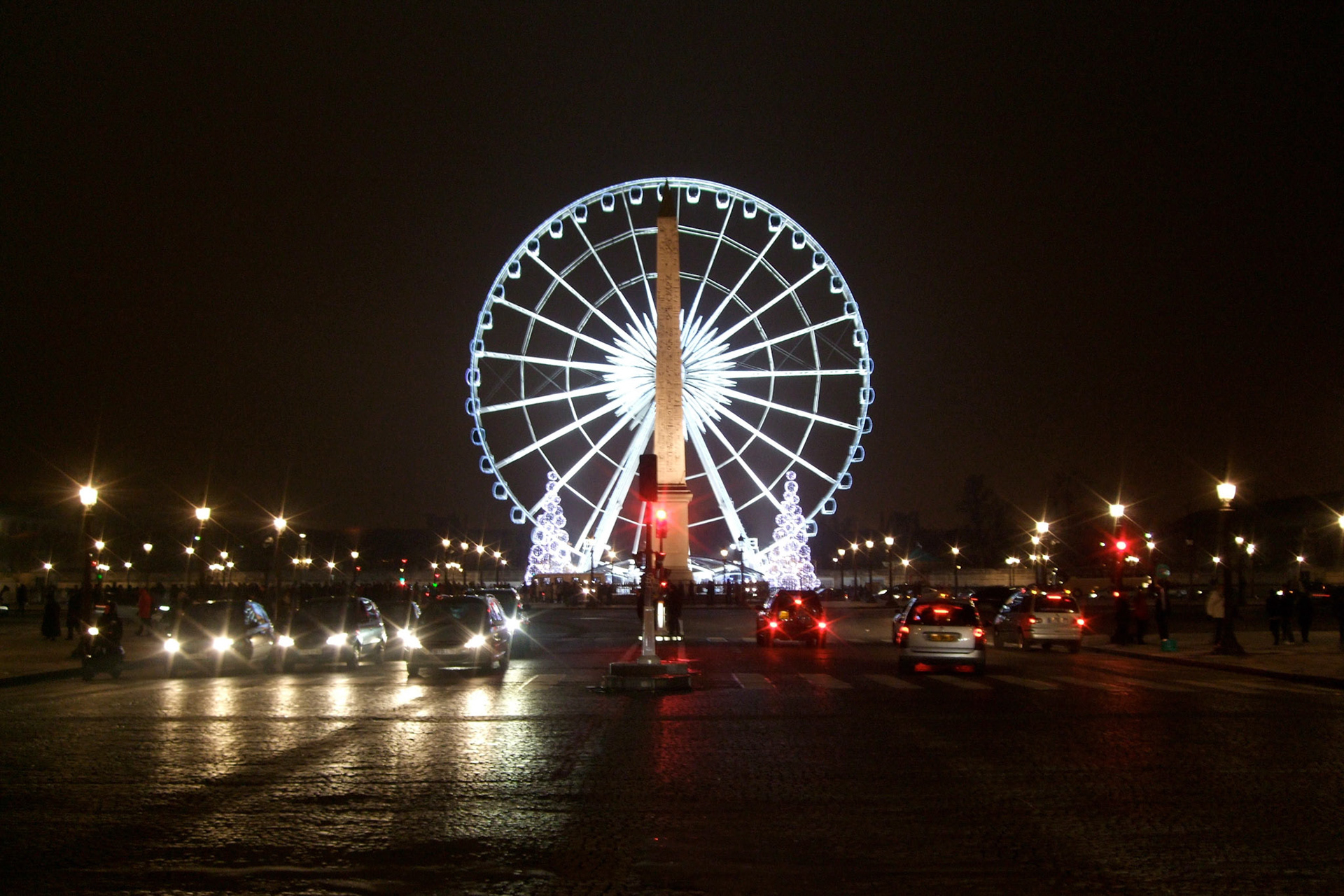 Place de la Concorde at the end of the Champs Elysees. They set up a giant ferris wheel for the holidays in the middle of the traffic circle