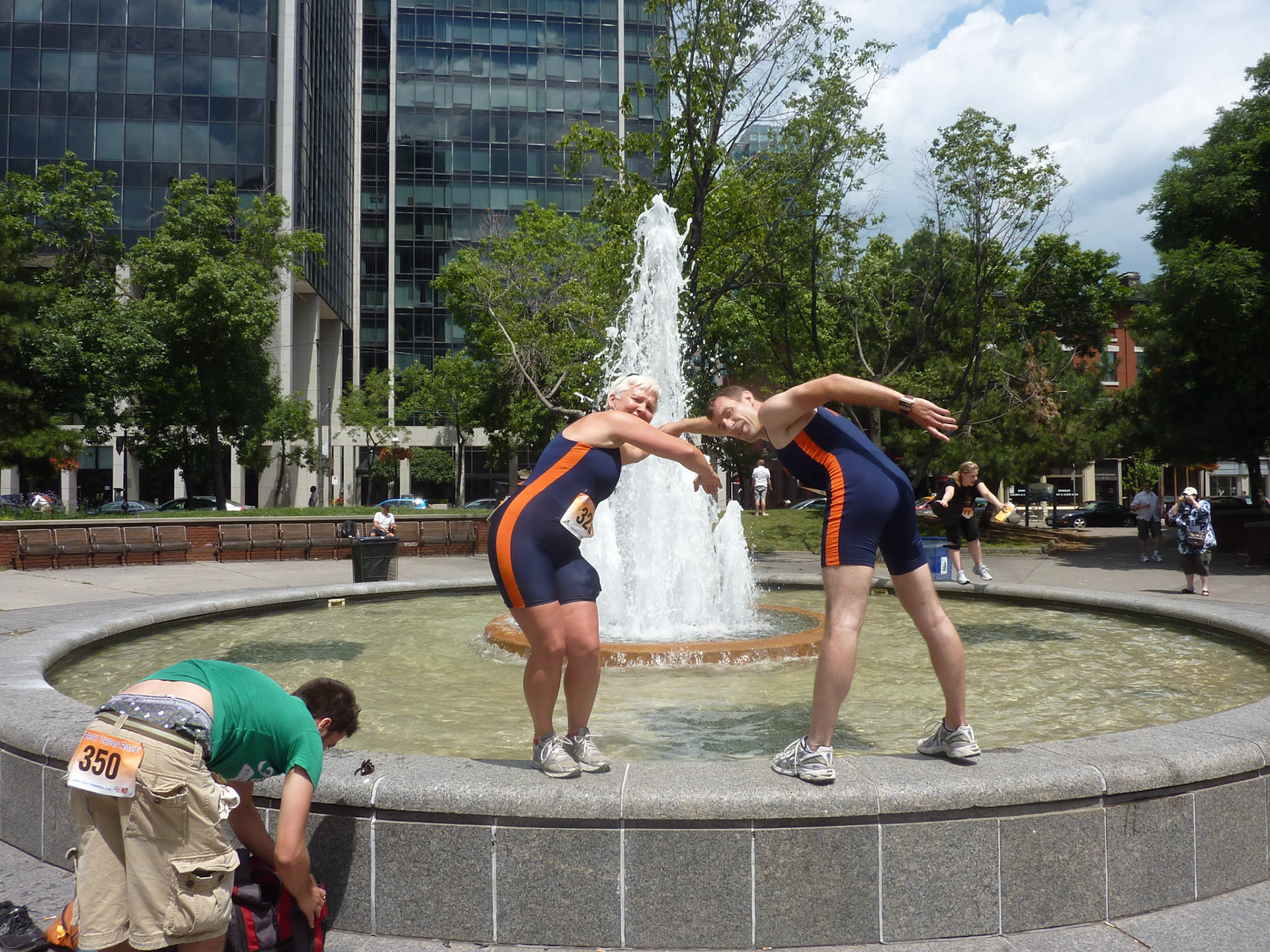 And we're off, completing the scavenger hunt by solving clues and accomplishing tasks. Here we're pretending to dive into a fountain