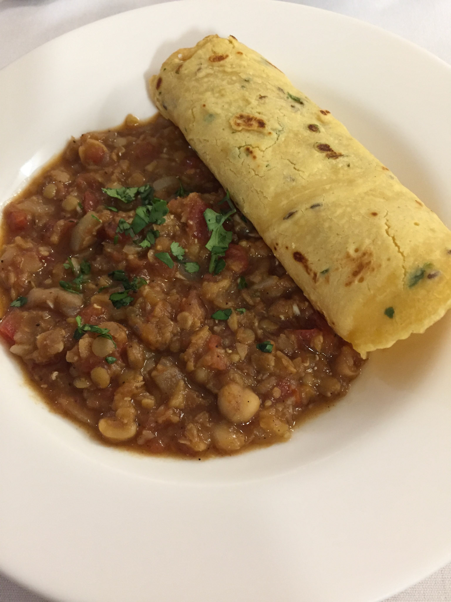 Second course: chickpea &amp; red lentil masala with handmade dosas
