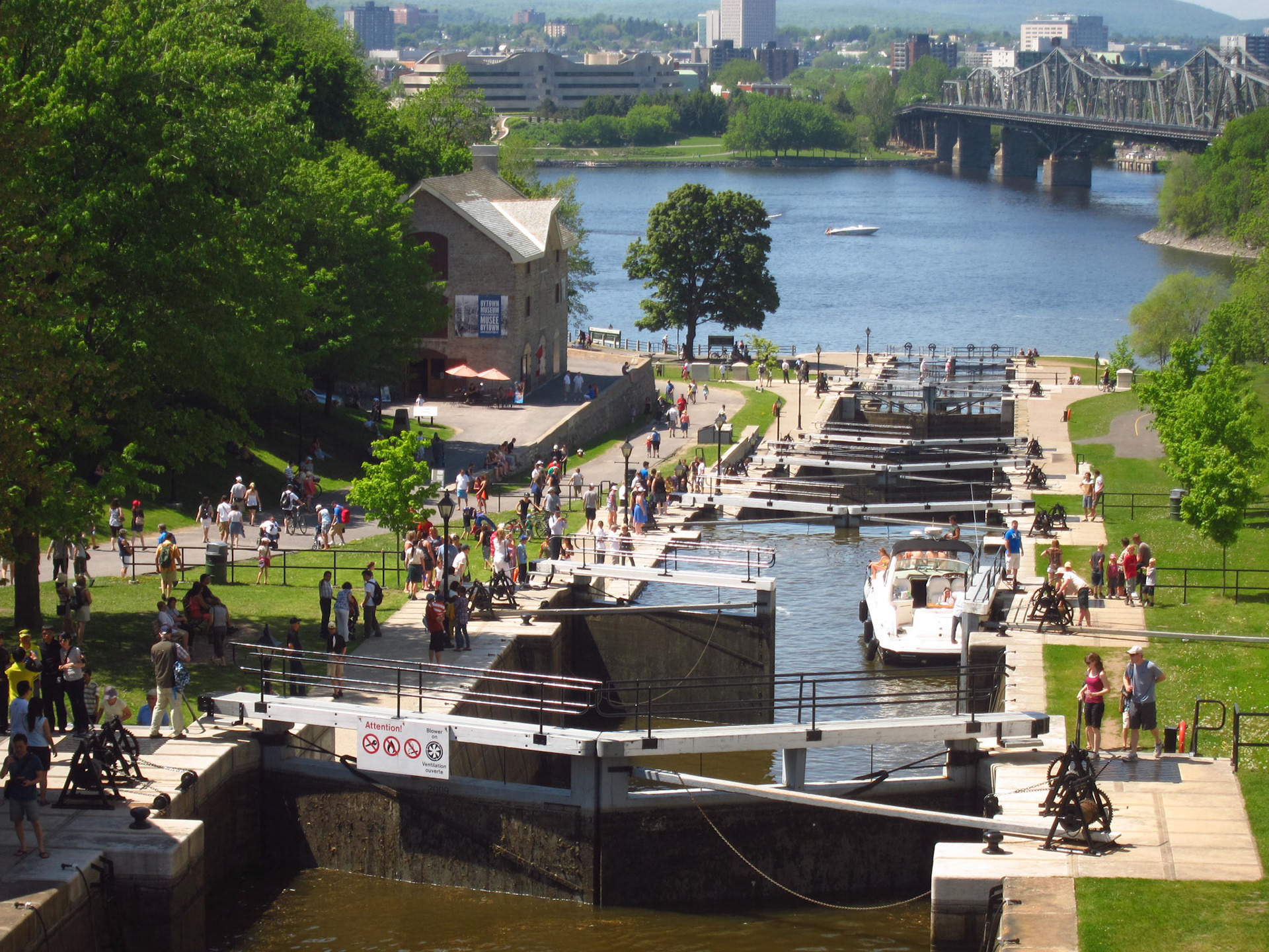 Summer in Ottawa: boats travel down the locks of the Rideau Canal to the Ottawa River