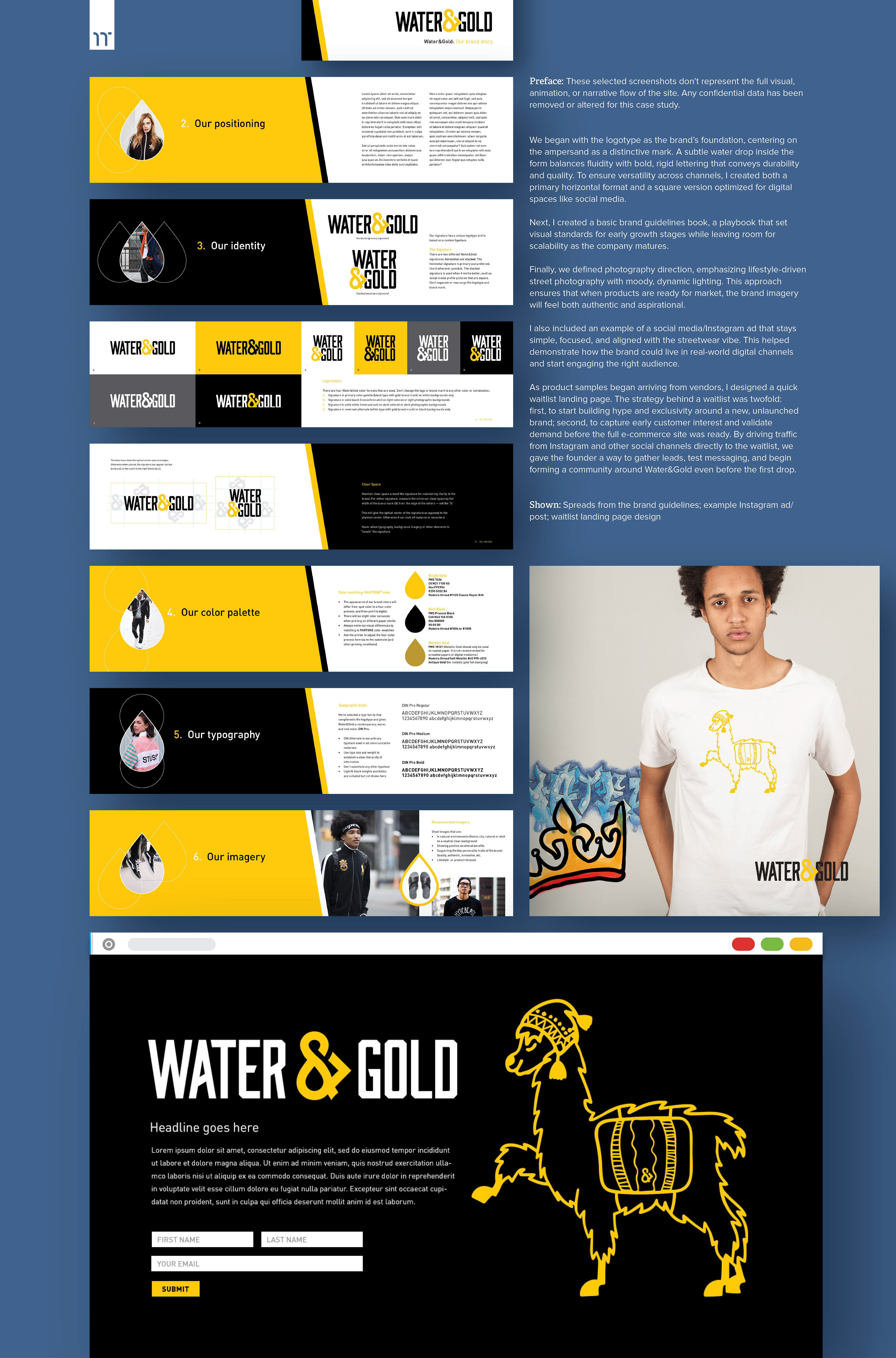 A portfolio case study displaying a brand guideline book with sections on positioning, identity, color, and typography.