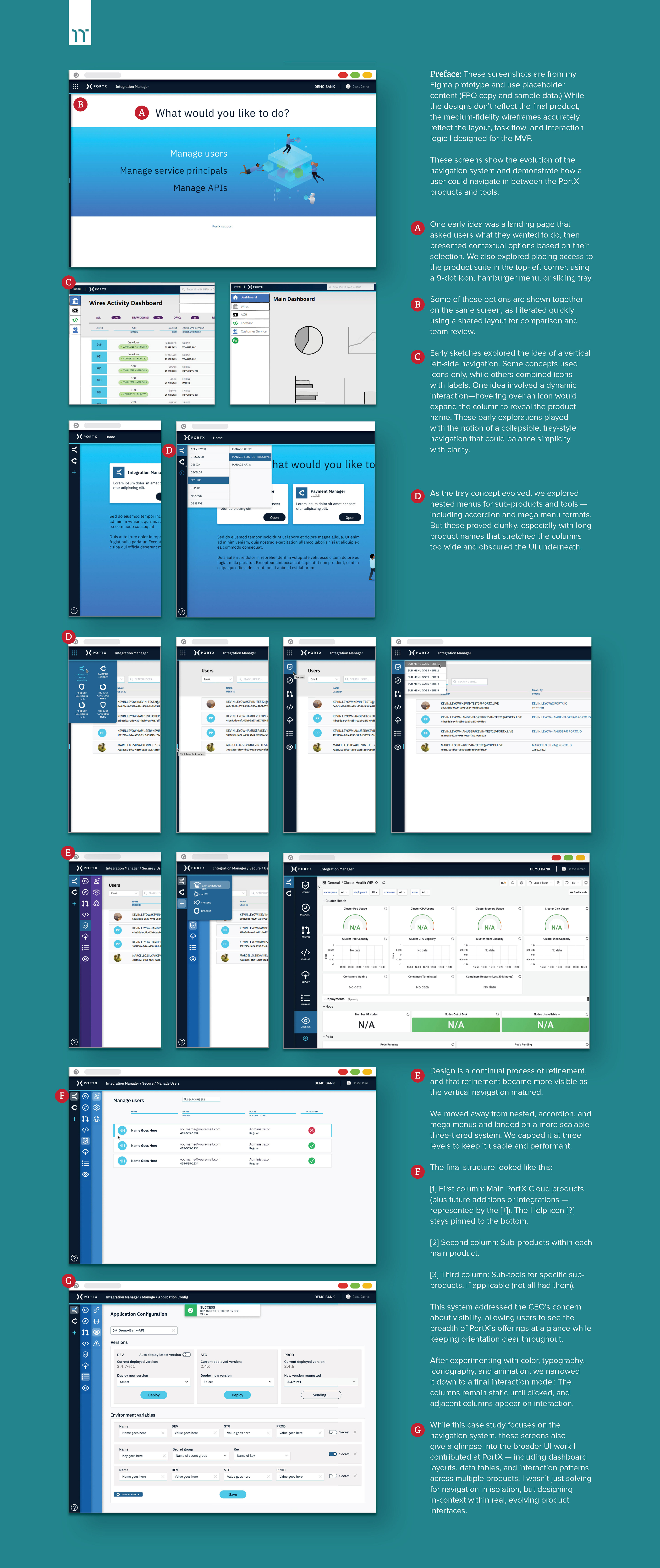 Screenshots showing the design evolution of a 3-column navigation system for PortX Cloud's enterprise platform.