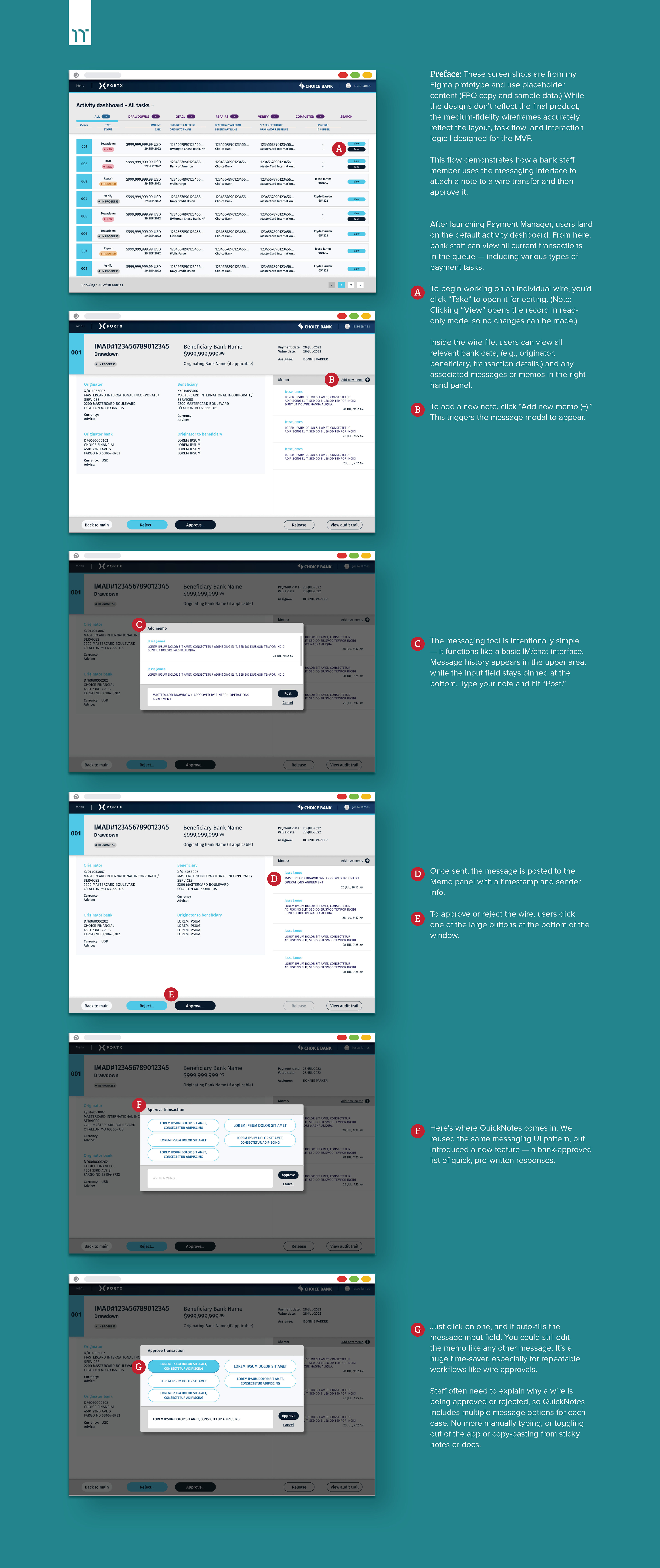 Annotated wireframes showing the QuickNotes feature in PortX Payment Manager, guiding users through adding memos and approving or rejecting wire transfers.