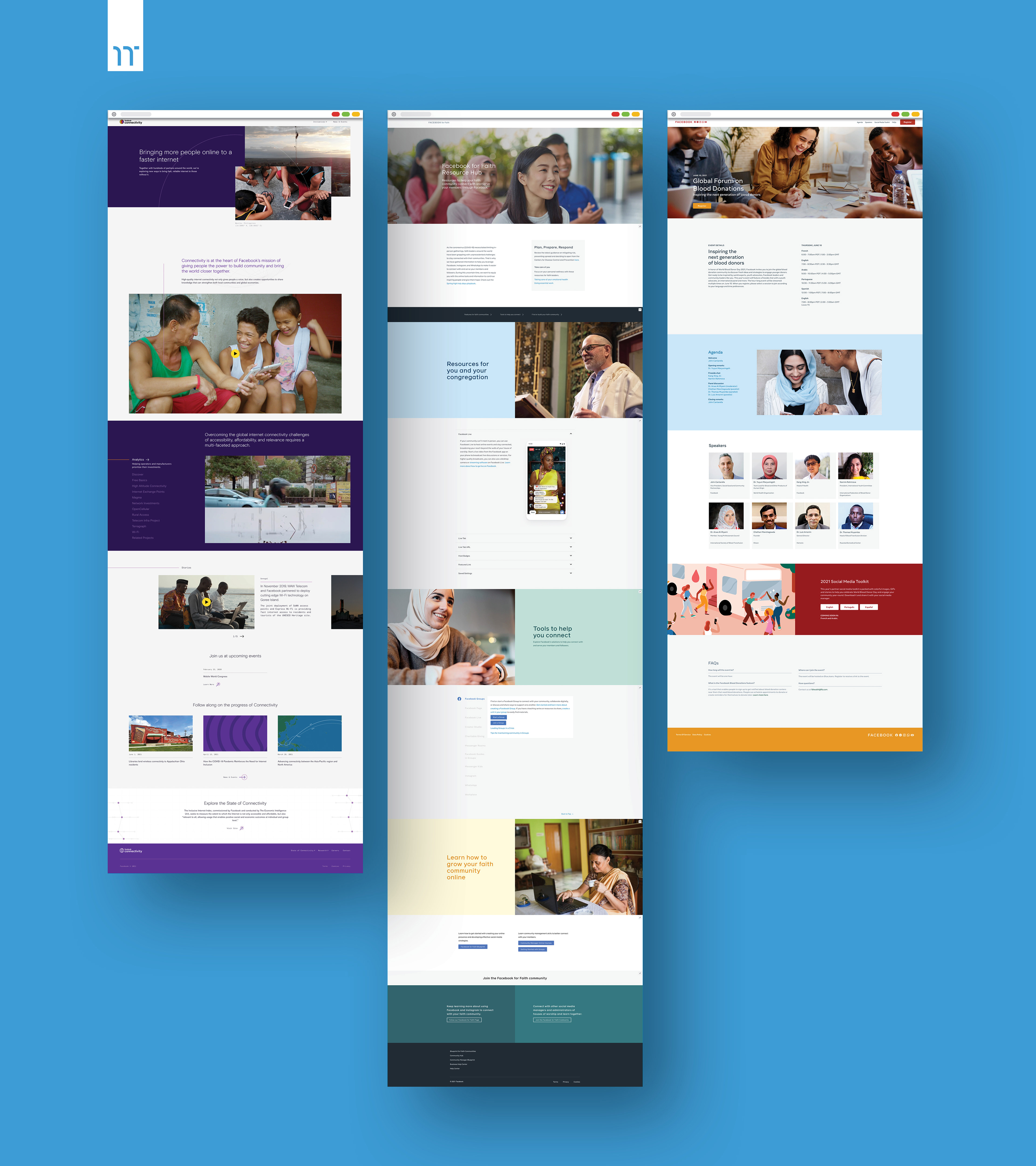 A digital case study showing multiple page spreads from a Facebook Community website.