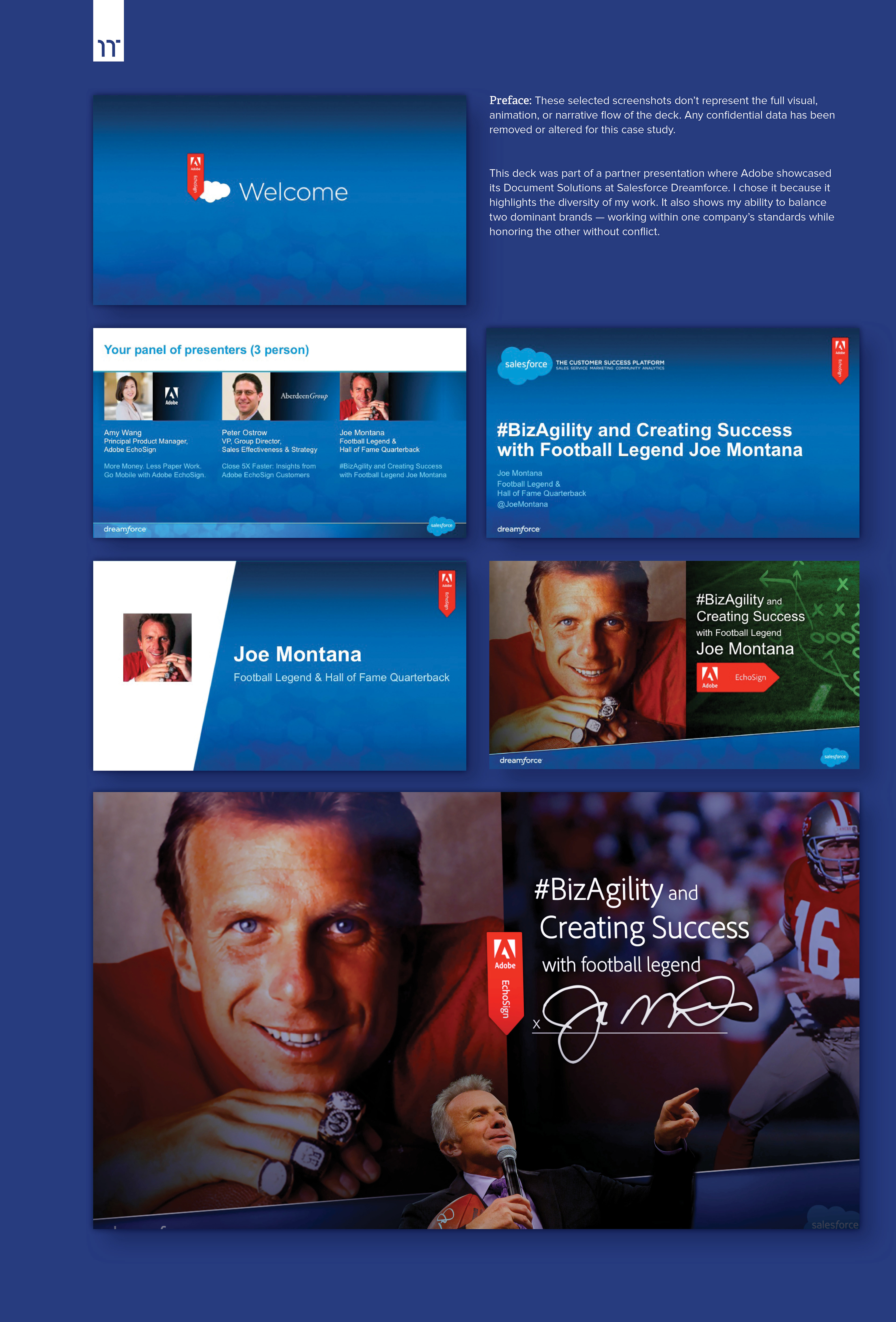 A presentation design case study showing a title slide, speaker bios, and a bold image of football legend Joe Montana.