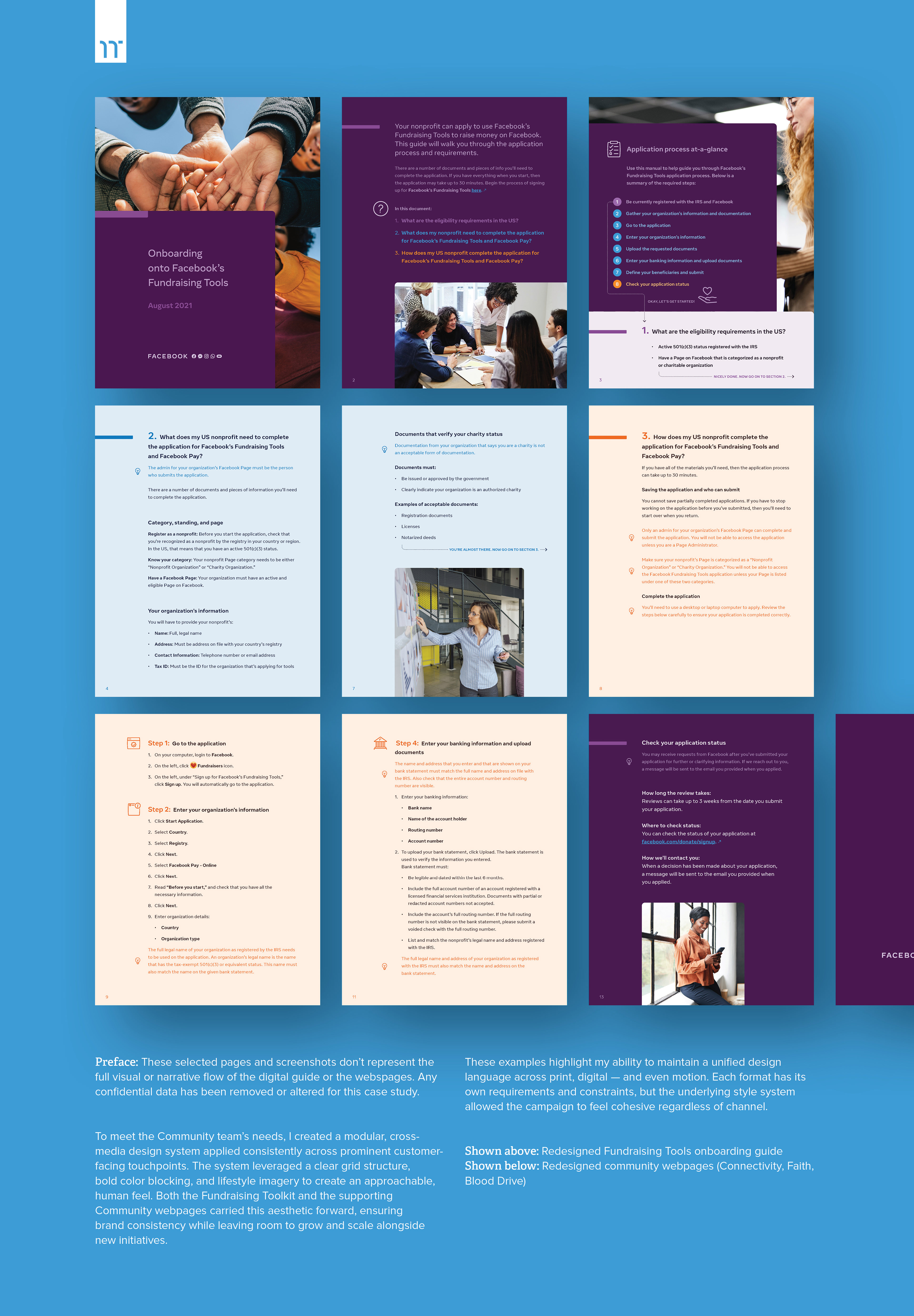 A design case study showing a digital fundraising toolkit for Facebook, with pages on messaging, design, and content.