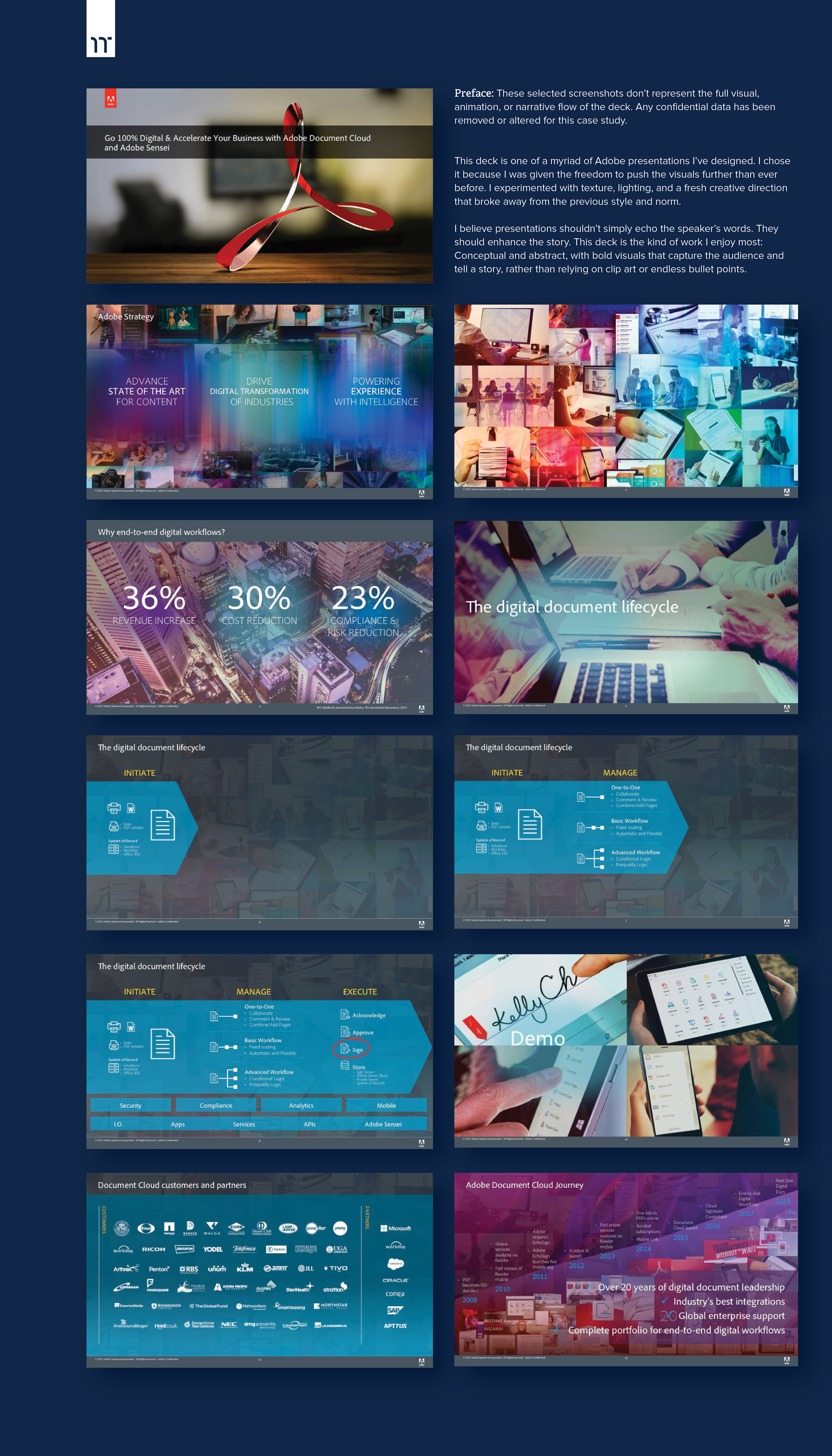 A case study showing a portfolio of creative work for Adobe, including presentations, data visualizations, and event graphics.