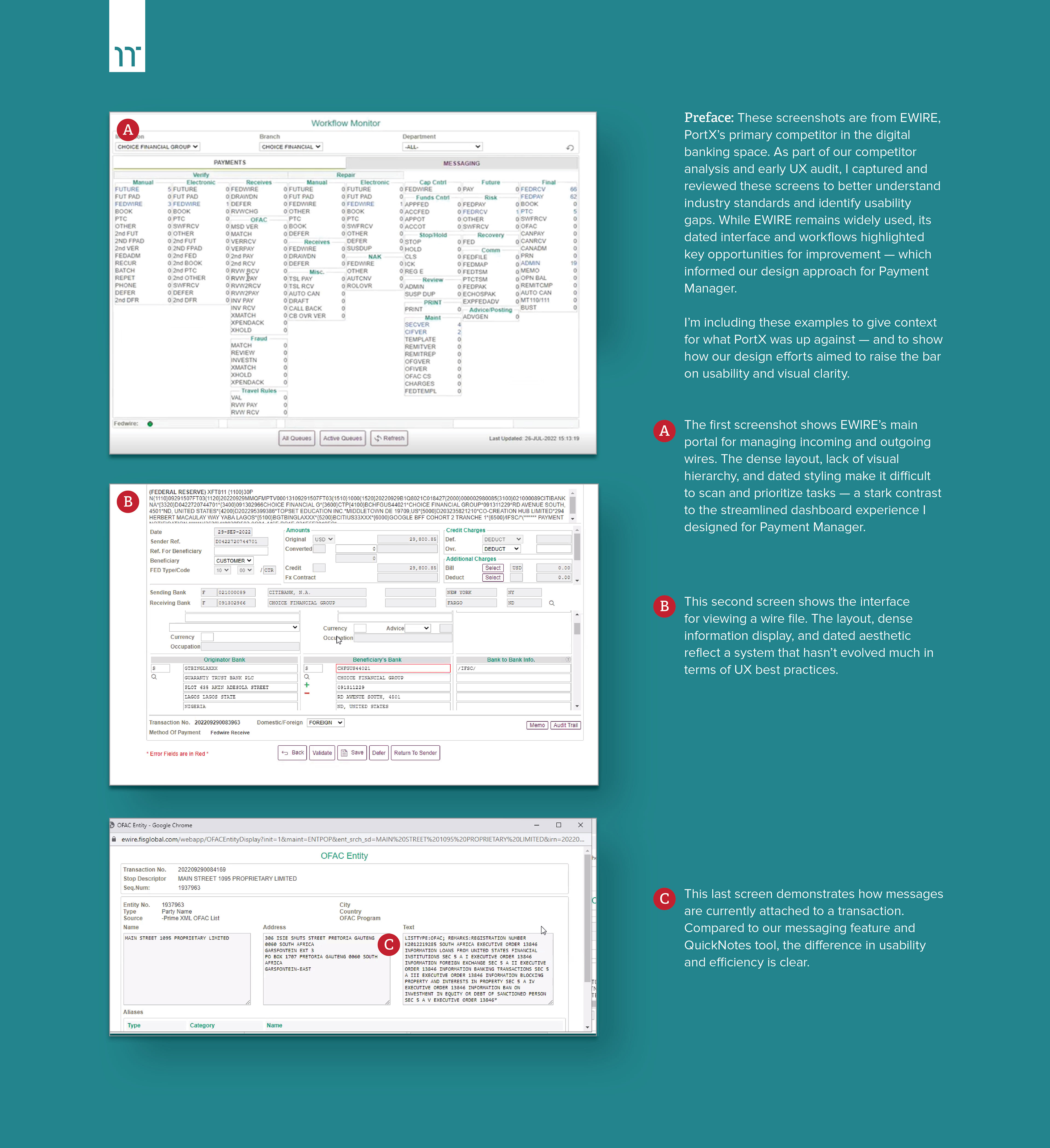 Three EWIRE digital banking screenshots, showing a workflow monitor, wire layout, and OFAC reply.