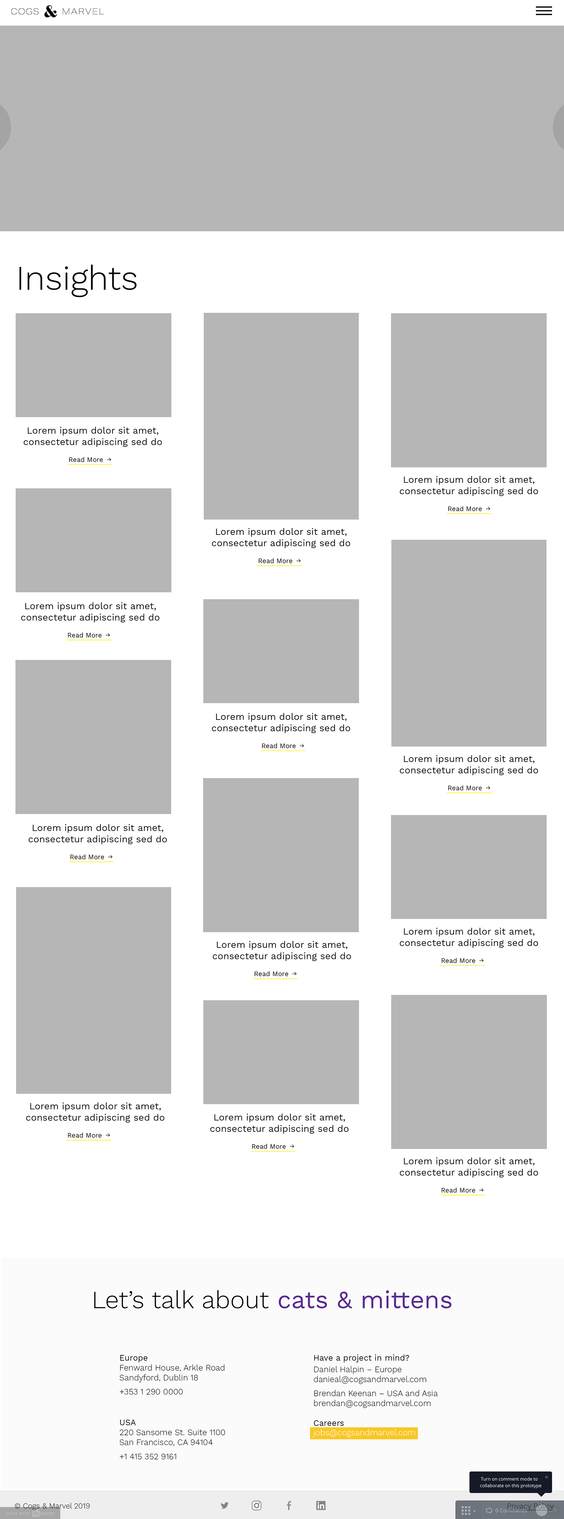 A low-fidelity wireframe of a website's "Insights" page with a grid layout and placeholders for text and images.