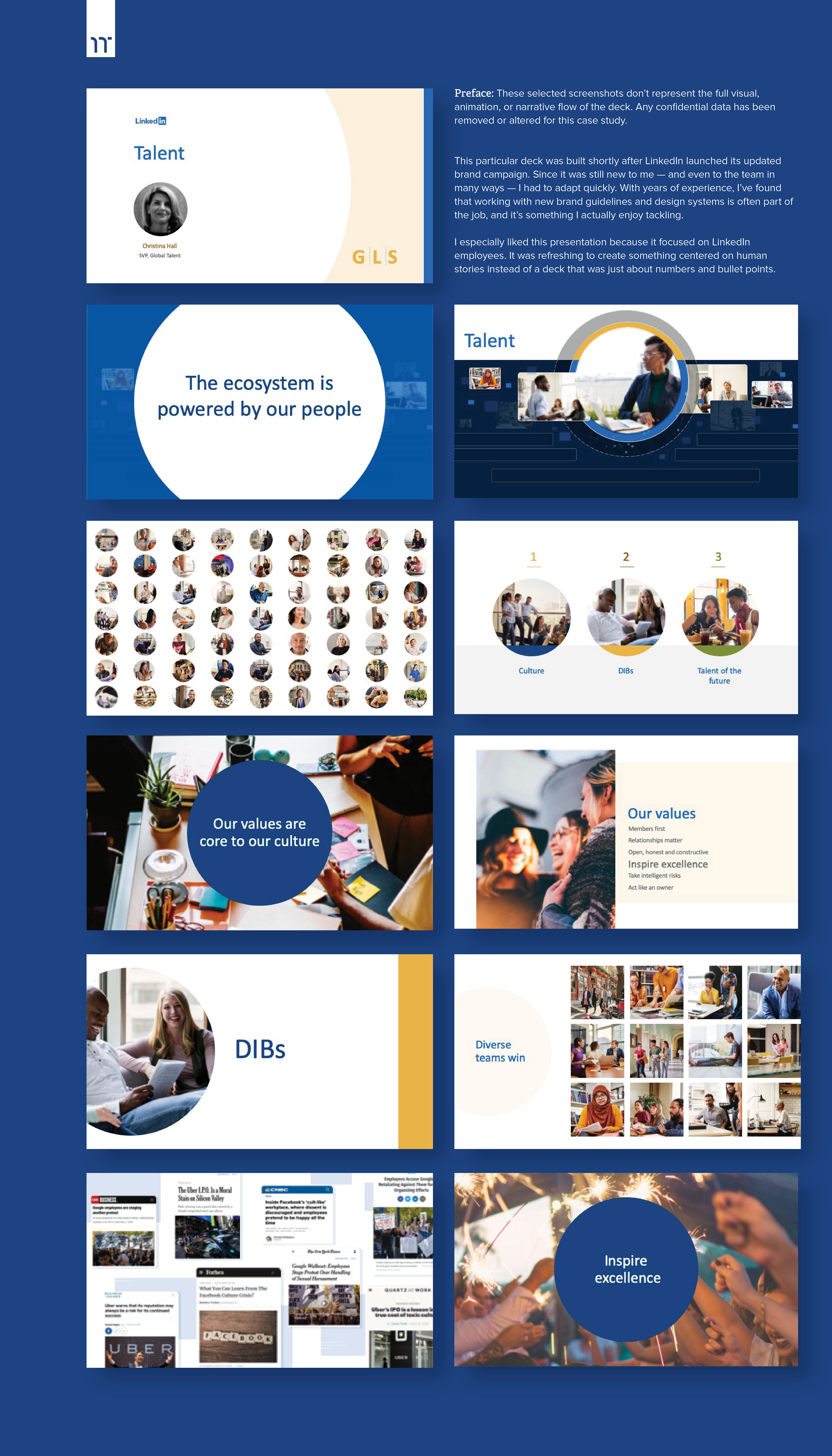 A case study showcasing presentation design work for LinkedIn, with slides about talent, company values, and culture.