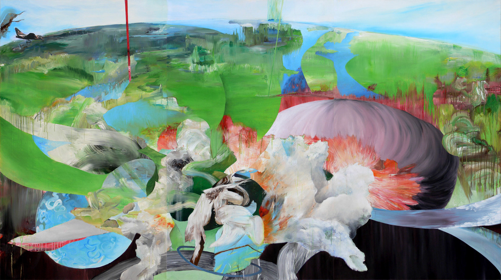 Un p’tit tour et puis s’en vont, acrylique sur toile et collage, triptyque 342x195 (114x195 chacun), 2008