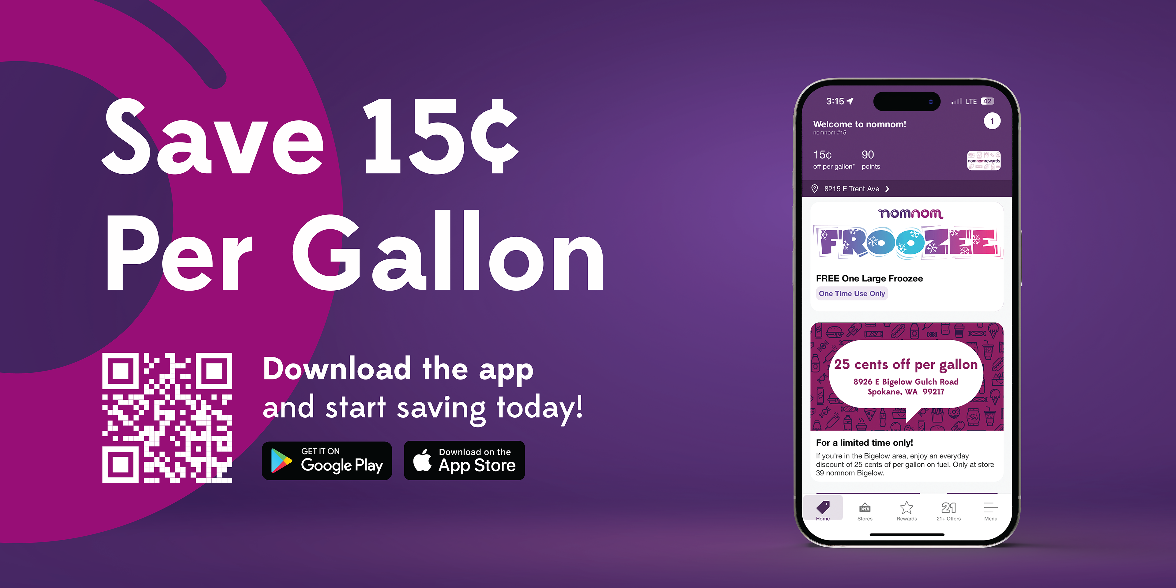 nomnom app button to highlight their 15¢ per gallon deal for rewards members