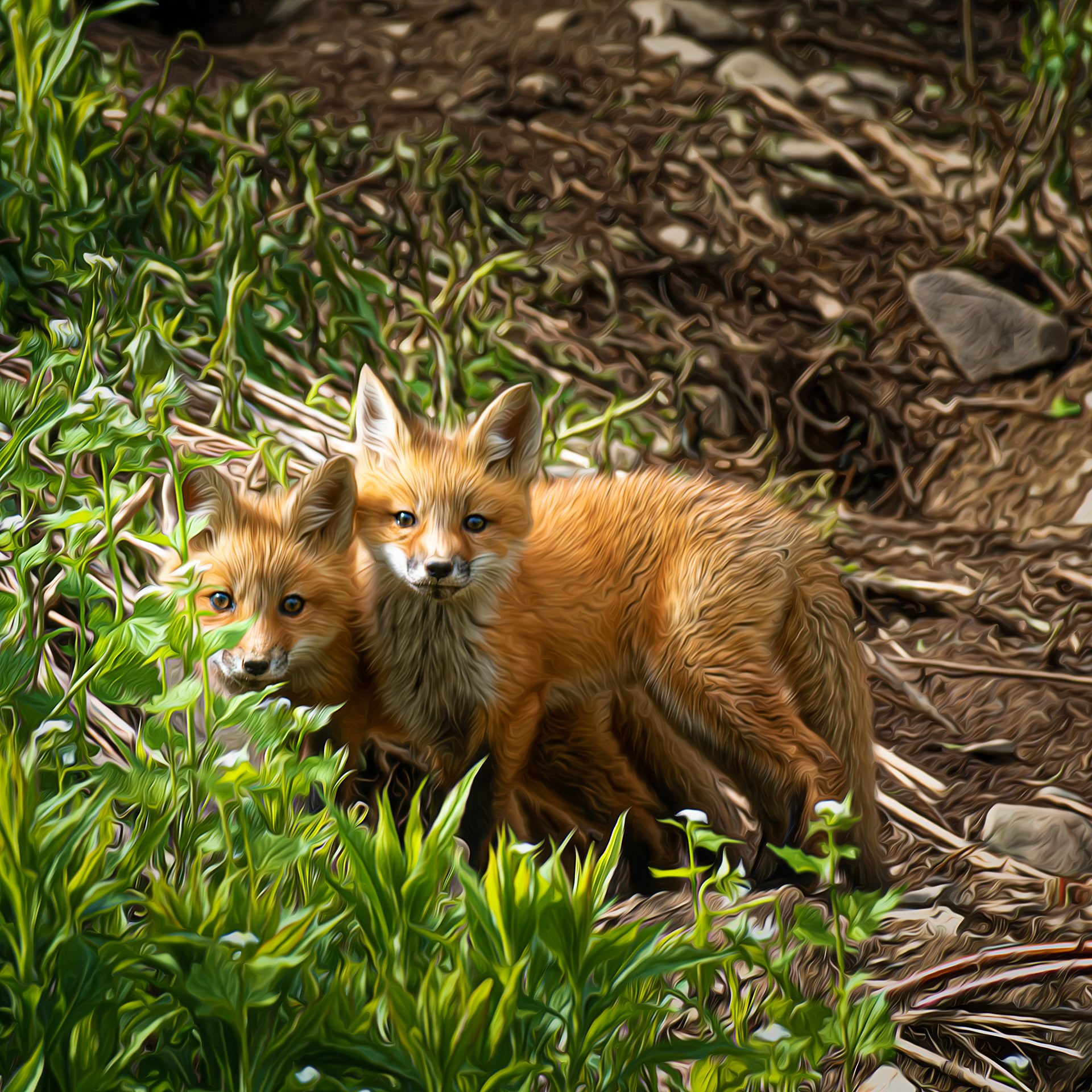 2 Fox Pups Outside Den