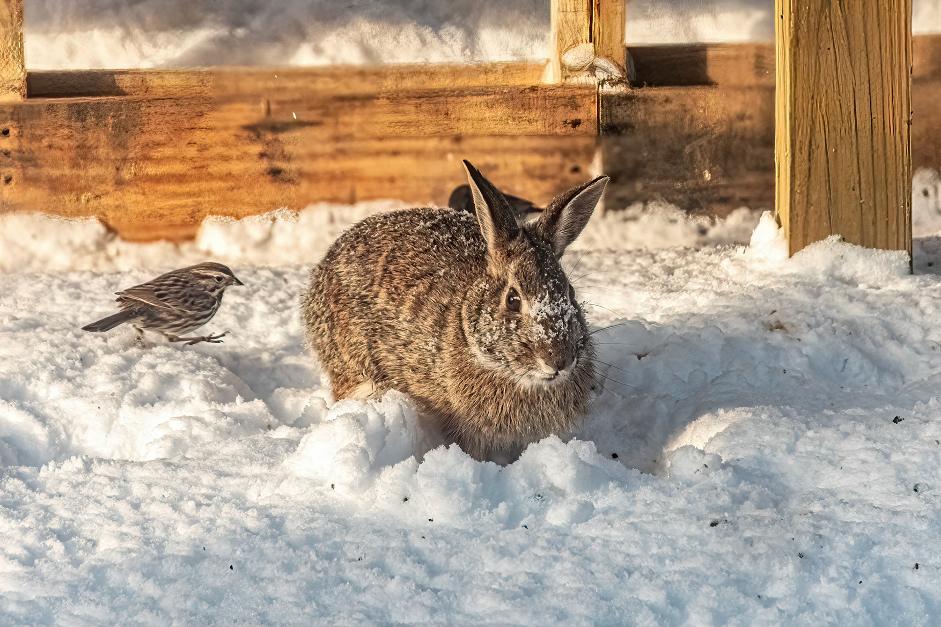 Bunny Rabbit and Bird in Snow