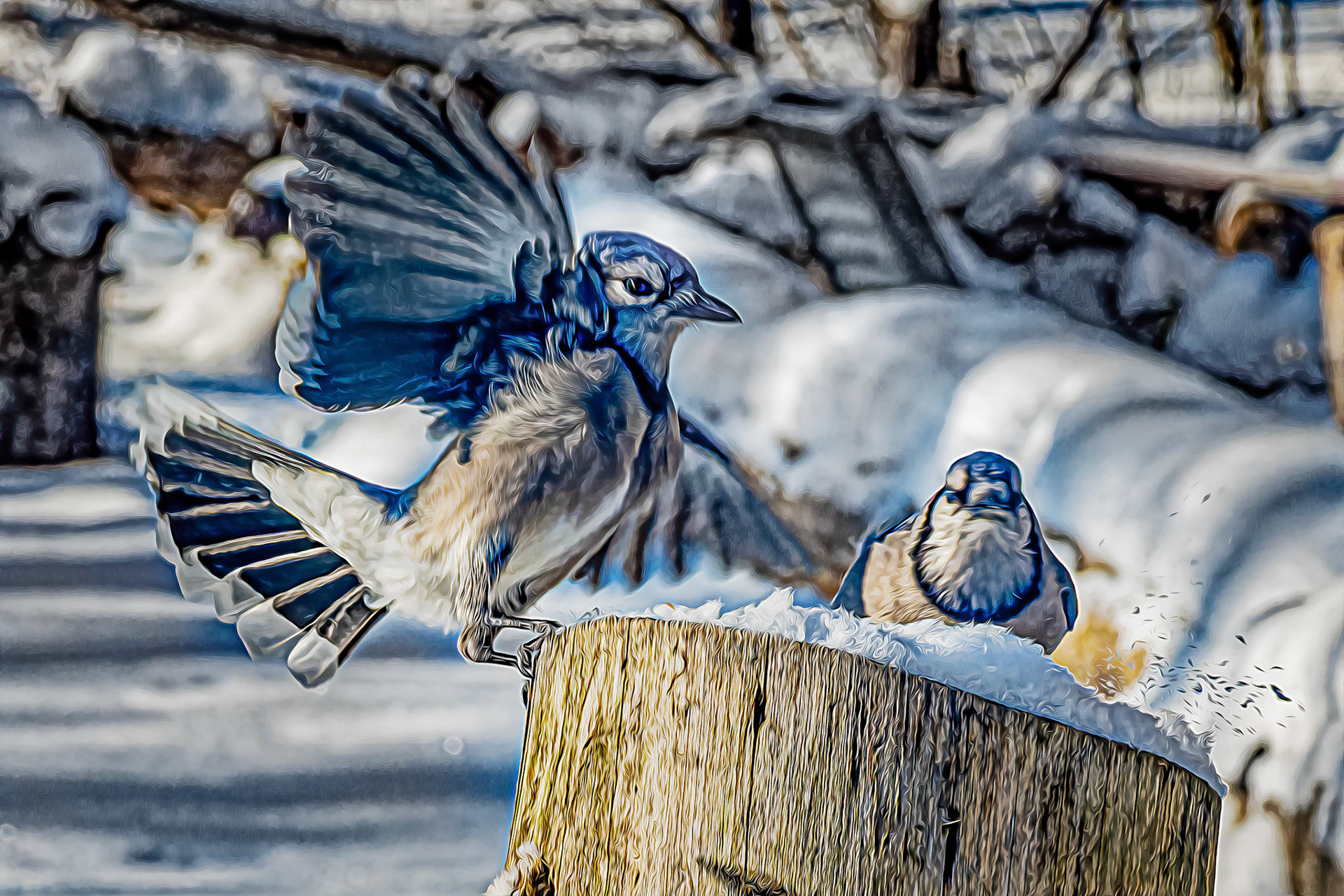 Bluejays Feeding on Stump OP
