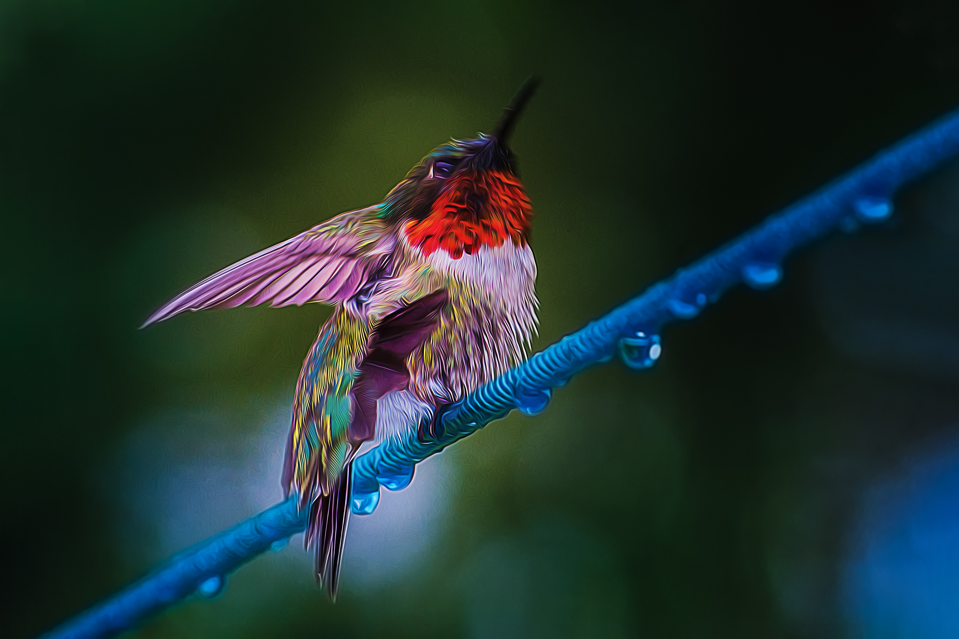 Male Hummingbird on Wire in Rain