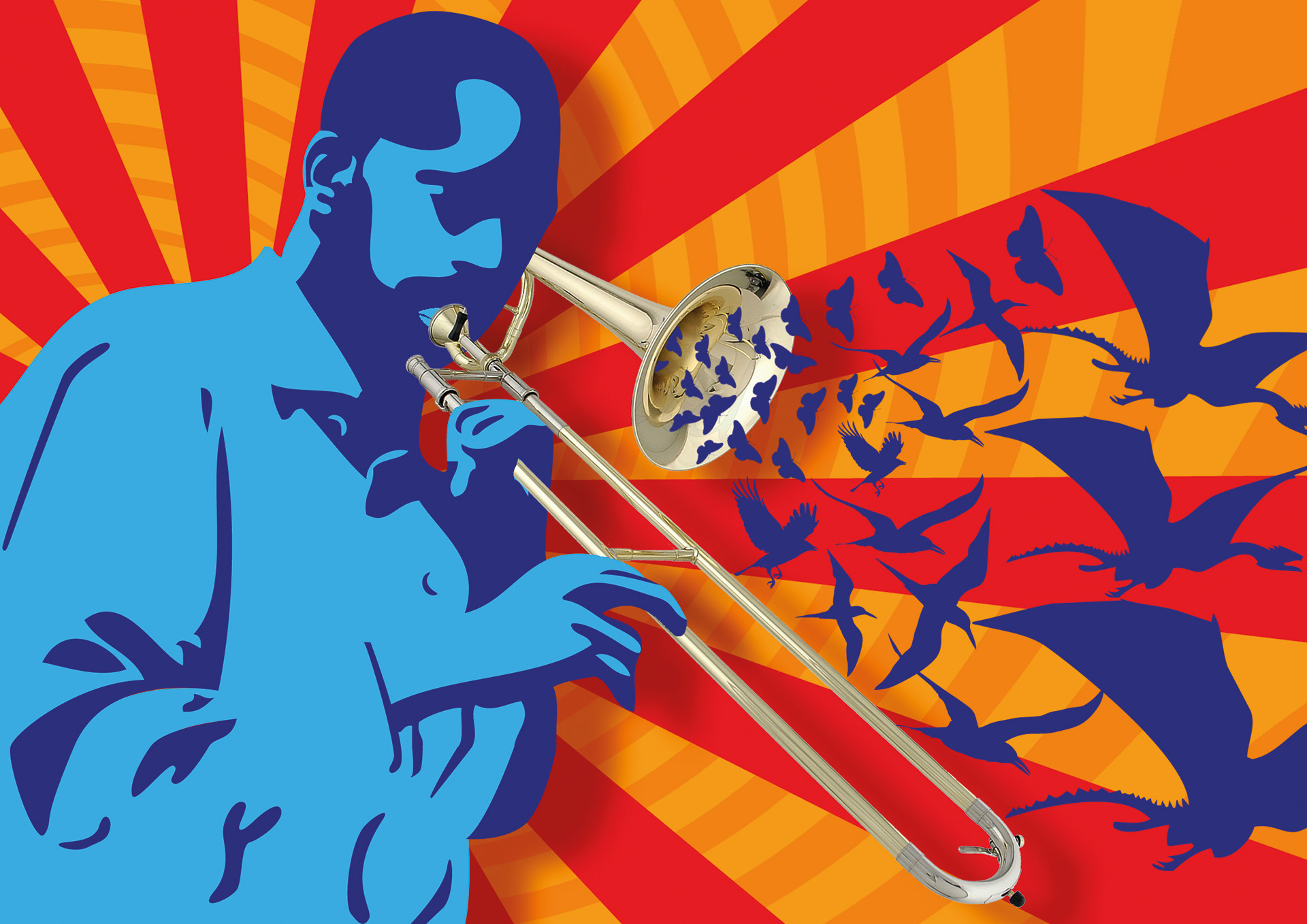 Mann mit Posaune und Flugtieren