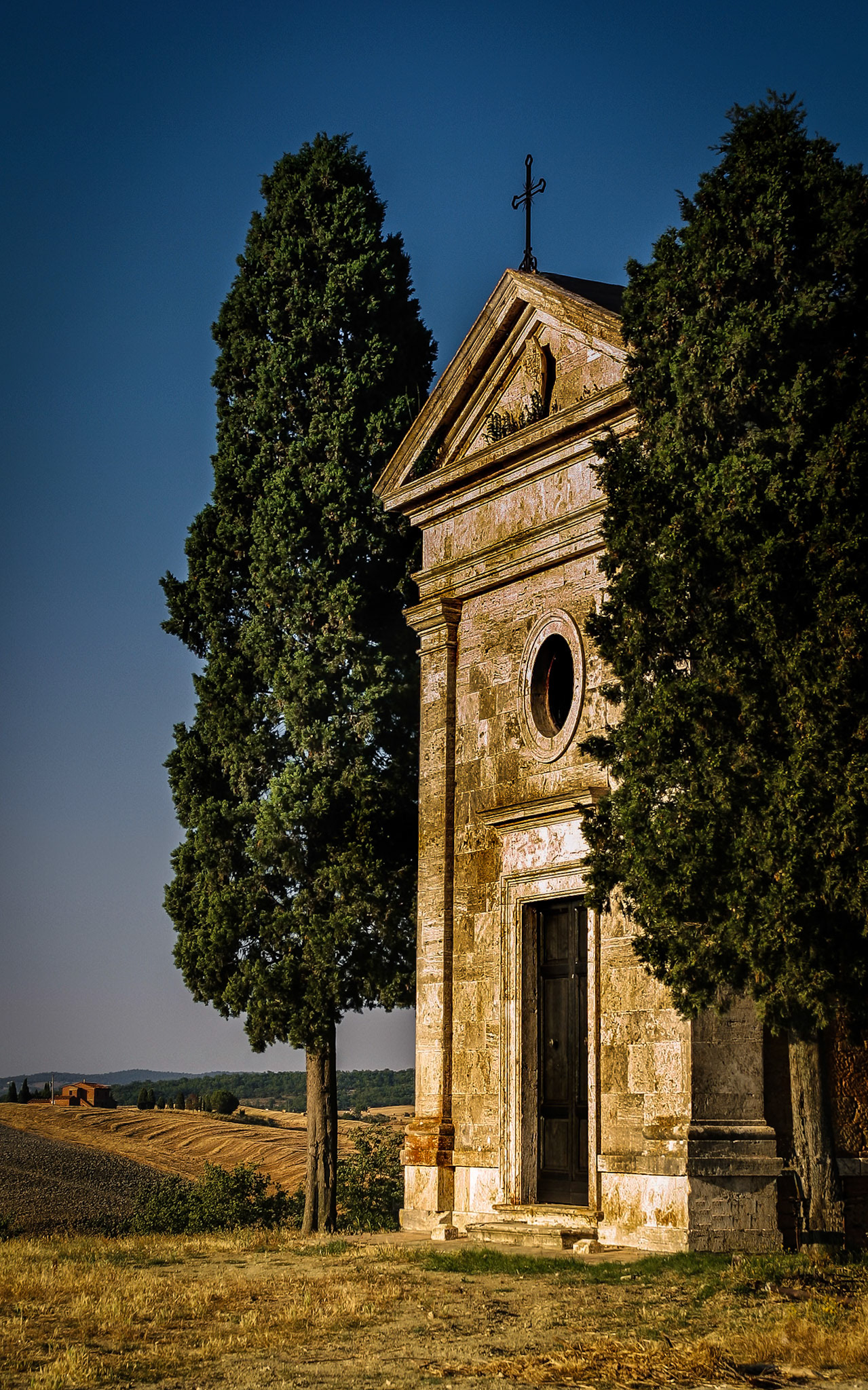 The Chapel of the Madonna di Vitaleta near SanQuirico d'Orcia in the Val d'Orcia in Tuscany; a UNESCO World Heritage Site