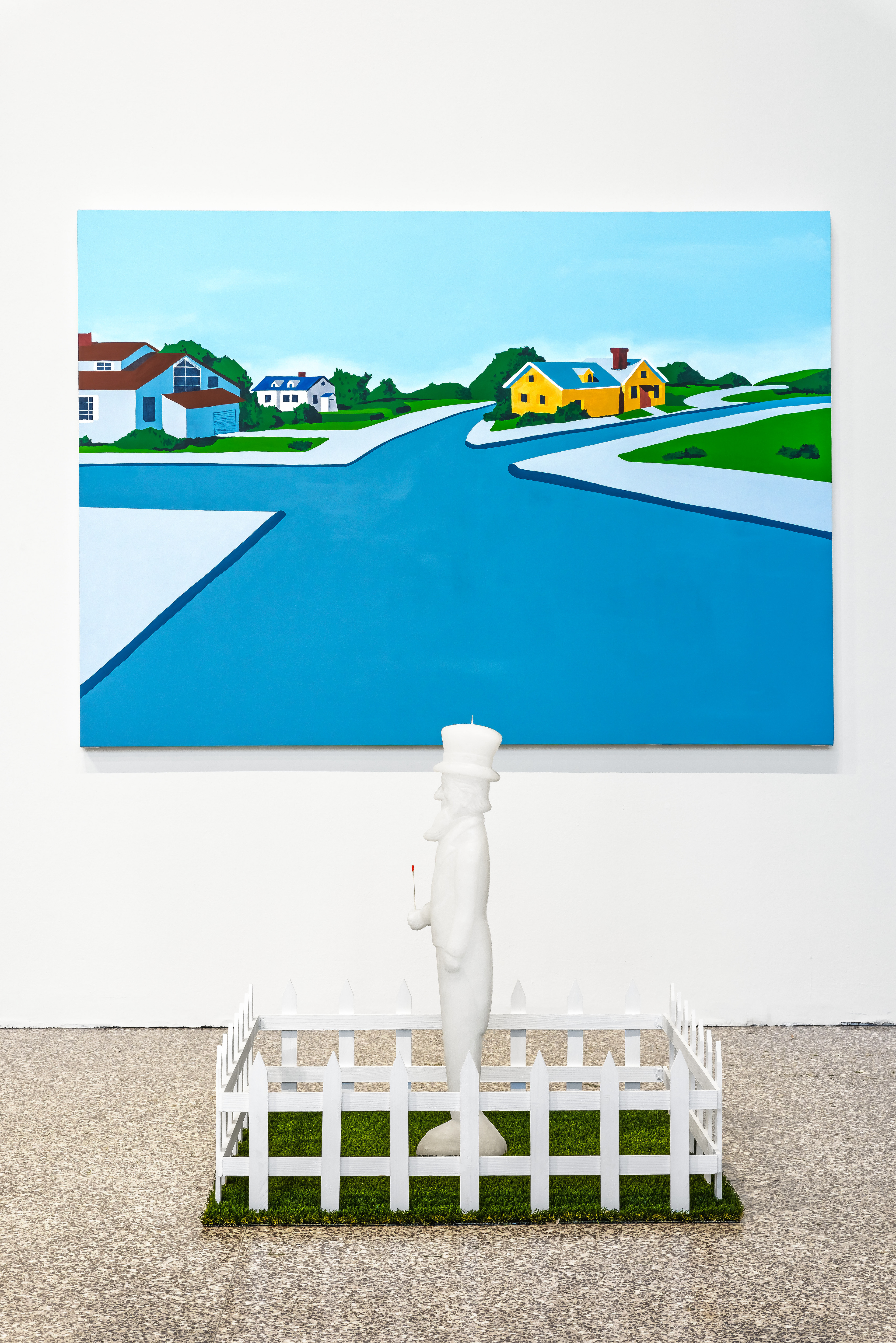 "Lucky Strike", Paraffin wax, cotton candle wick, match, wooden picket fence, artificial turf, house paint on canvas