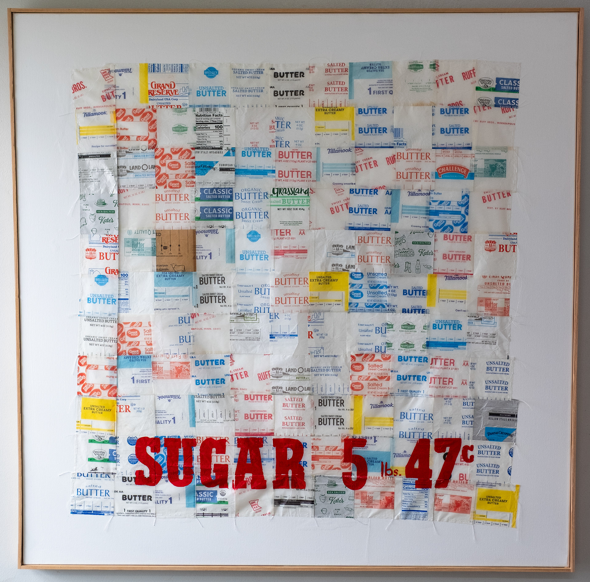 Machine-sewn butter wrappers, enamel paint, on canvas, 2026