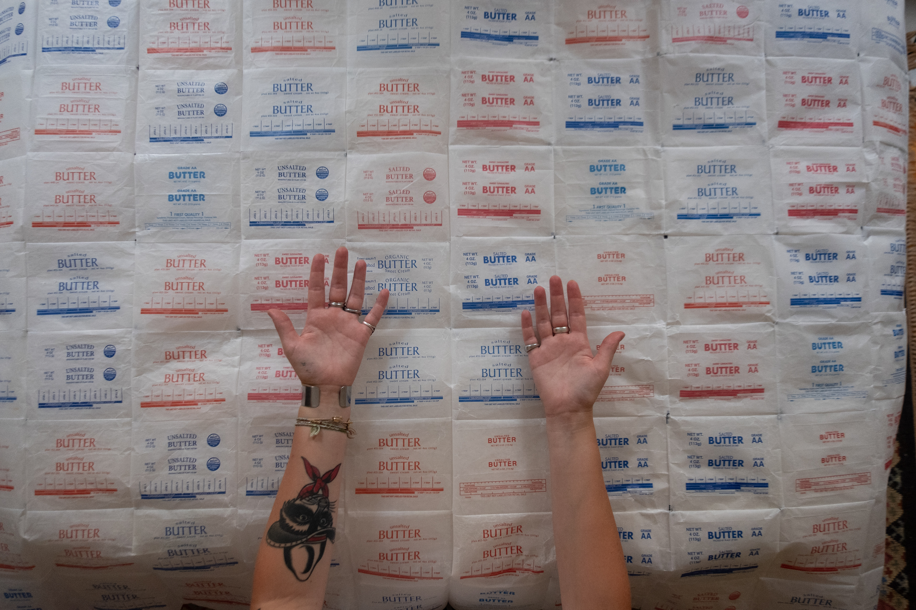 Untitled, Machine-sewn butter wrappers, 2024