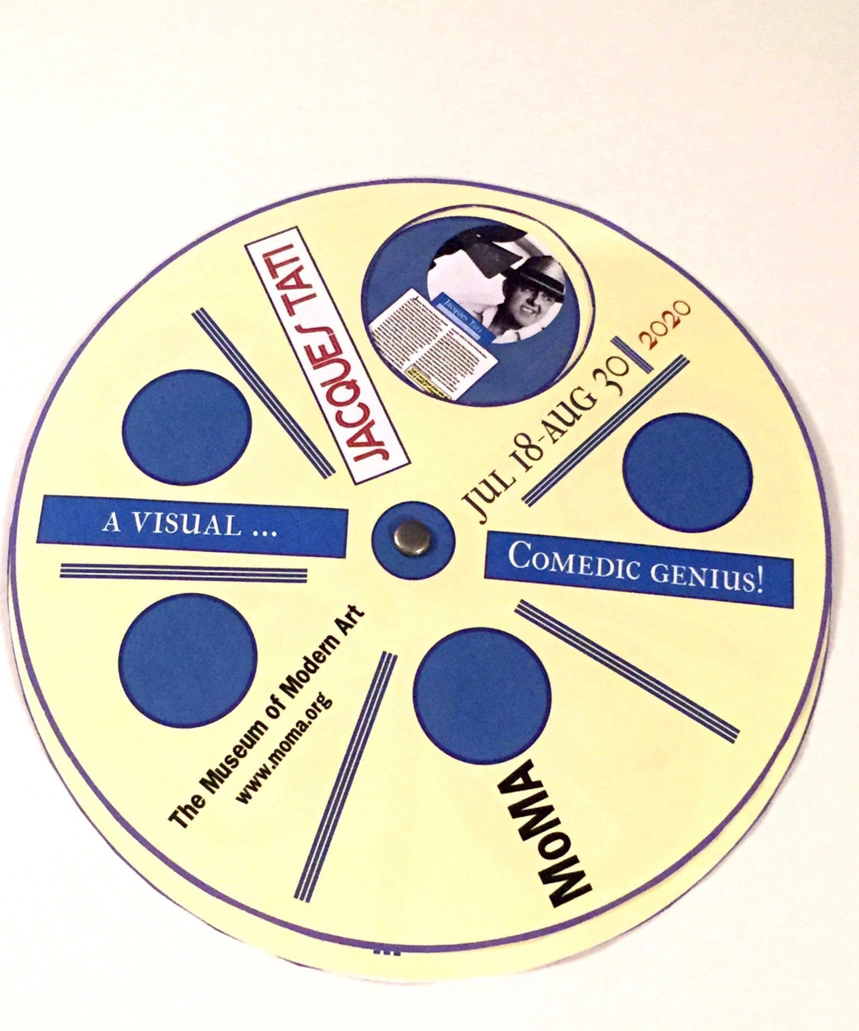 This brochure mimics a movie reel representing Jacques Tati's filmmaking and comedic acting