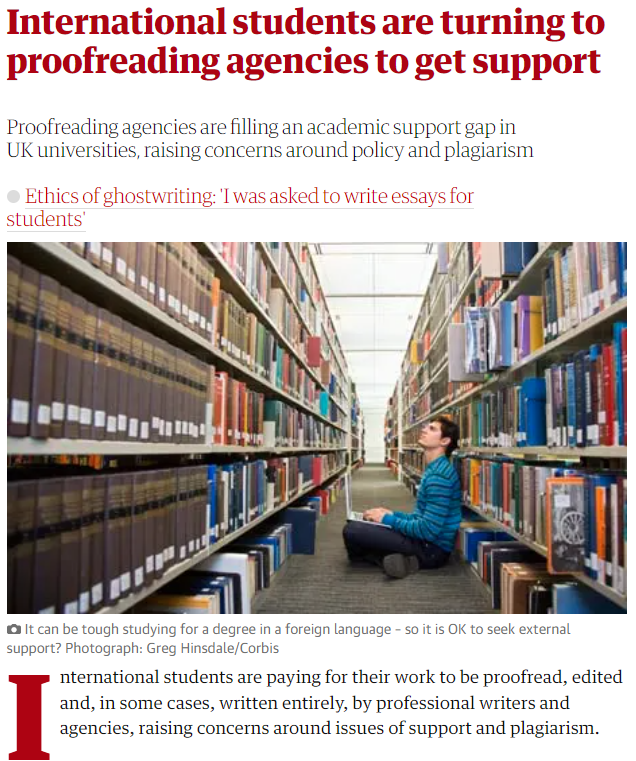 Blog article with headline "International students are turning to proofreading agencies to get support."