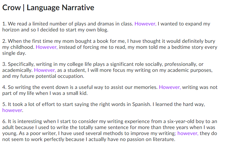 A list of two-sentence excerpts from student papers with the word "however" highlighted. Example: "We read a limited number of plays and dramas in class. However, I wanted to expand my horizon and so I decided to start my own blog."