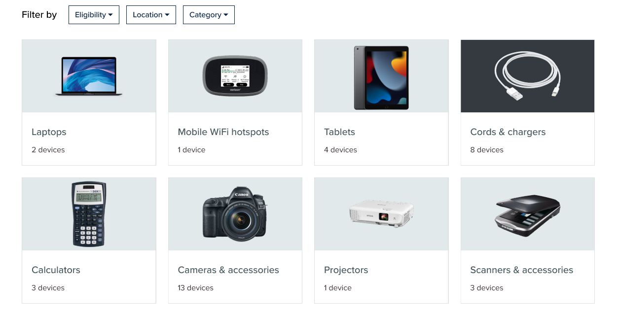 Screenshot of a prototype of the main Borrow Technology page. Eight cards show categories of devices,