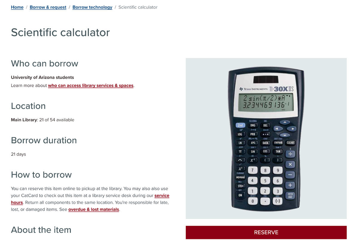 Screenshot of a page with information about how to borrow a scientific calculator.