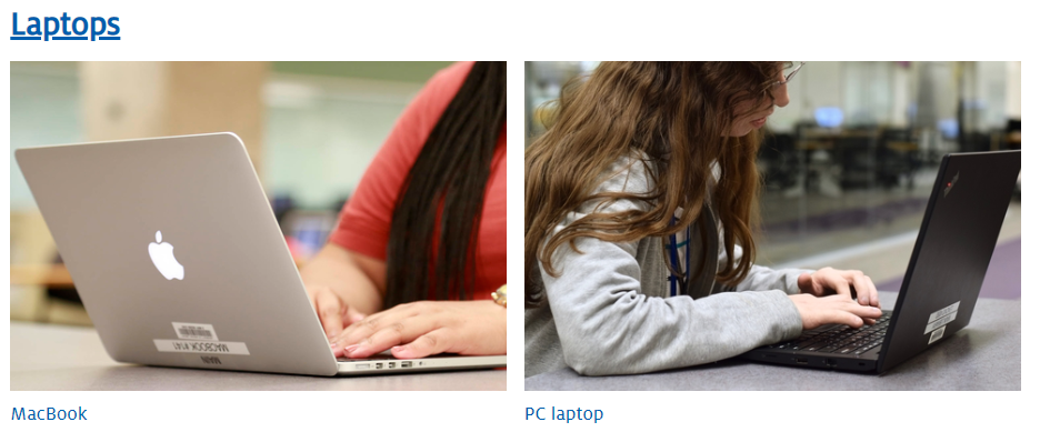 Screenshot showing two images of students working on laptops, labelled MacBook and PC laptop.