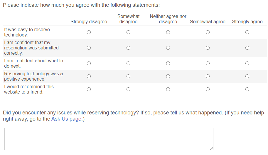 Screenshot of questions in a survey asking about students' experience of reserving technology.