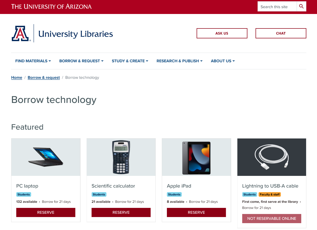 Screenshot of a prototype of the main Borrow Technology page.