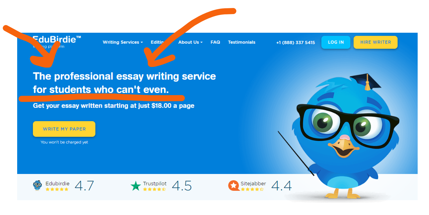 Screenshot of Edubirdie.com with arrows pointing to the words "The professional essay writing service for students who can't even."