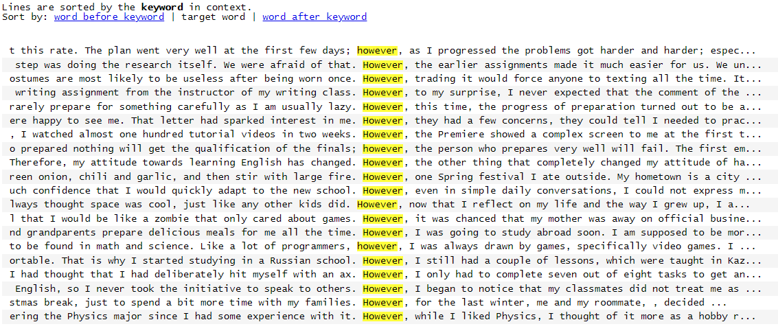 A list of short text excerpts with the word "however" highlighted in the middle of the row.