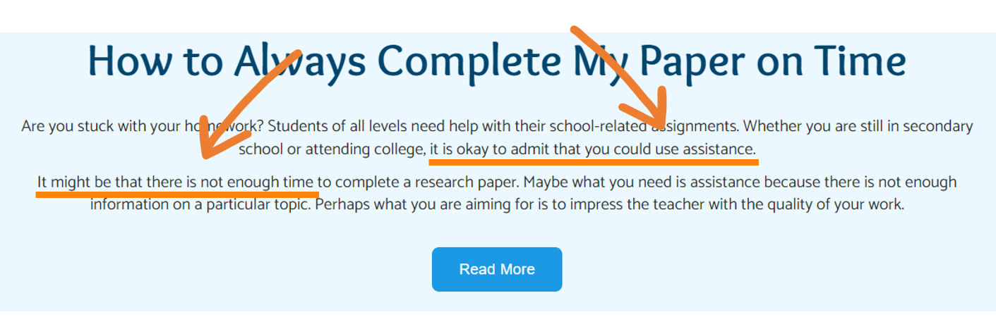 Screenshot of text with arrows pointing to the words "It is okay to admit that you could use assistance" and "It might be that there's not enough time."