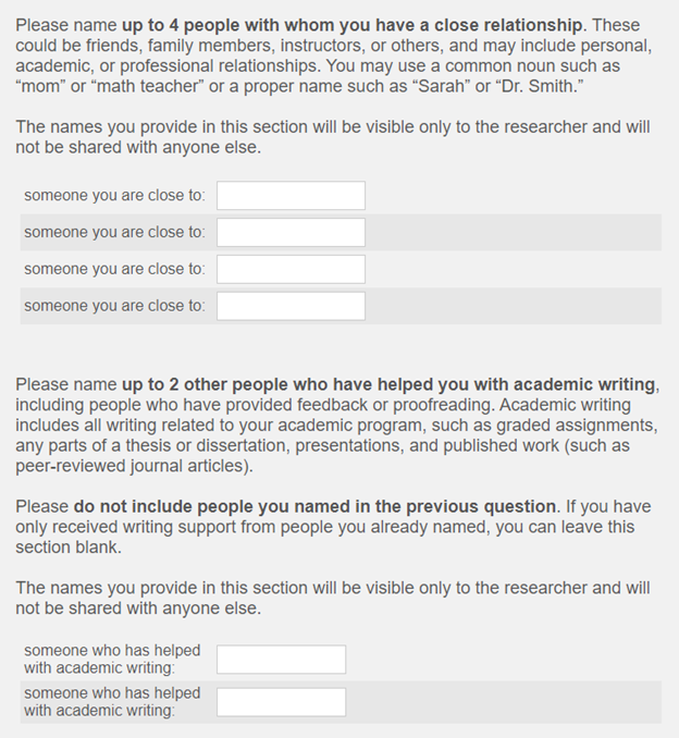 Screenshot of survey questions with four blanks for "someone you are close to" and two blanks for "someone who has helped with academic writing."