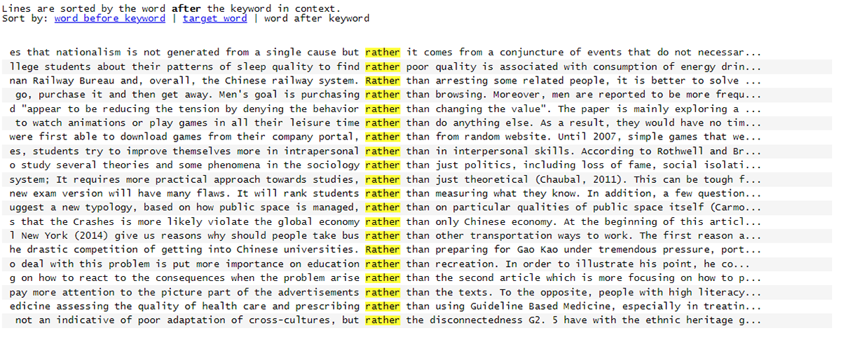 A list of text excerpts with the word "rather" highlighted at the center of each row.