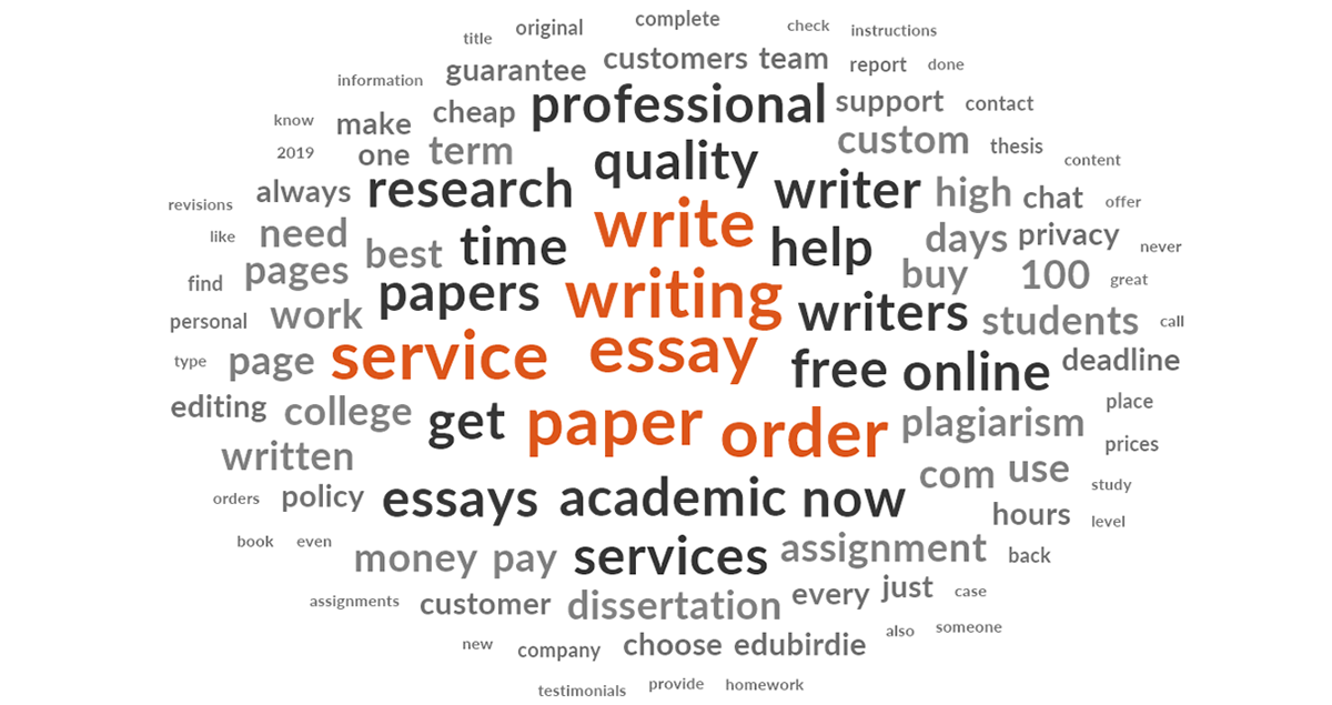Word cloud with the words "write," "writing," "essay," "service," "paper," and "order" emphasized at the center.