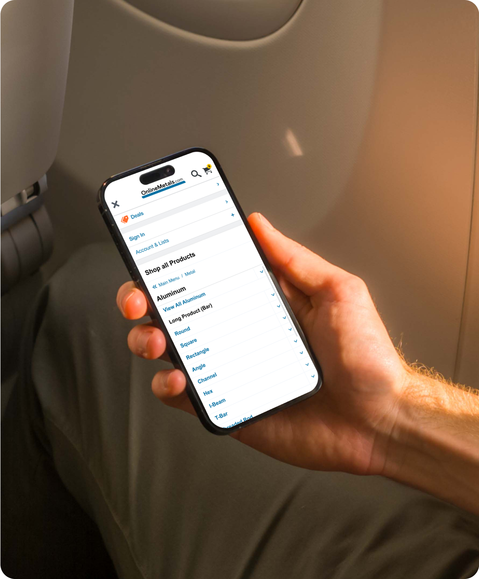 Mobile PWA Mockup - Hamburger Menu open, revealing navigation drilled down to Aluminum category