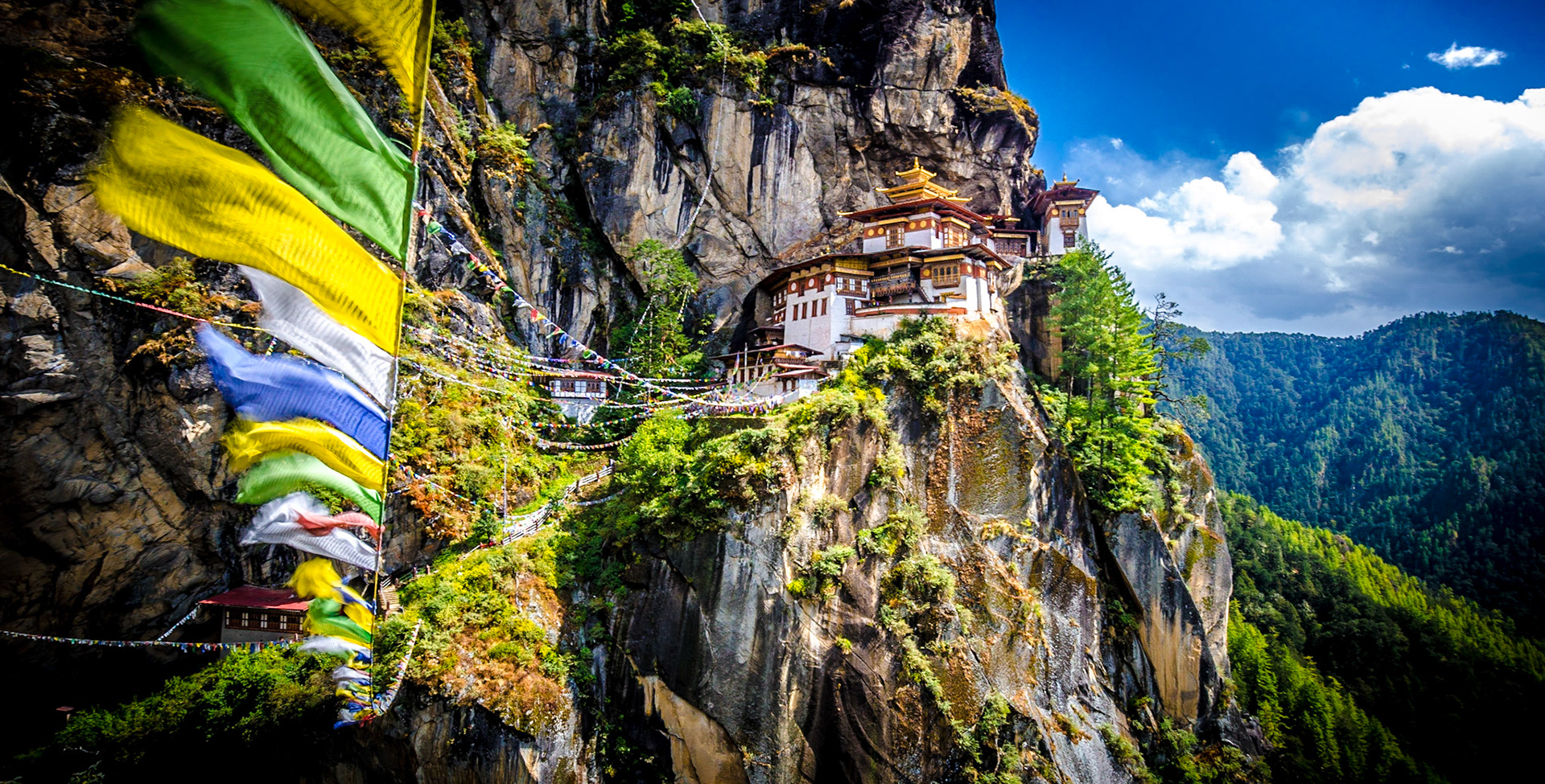 The Taktsang Palphug Monastery (also known as Tiger's Nest), is a prominent Himalayan Buddhist sacred site and temple complex, located in the cliffside of the upper Paro valley, in Bhutan. A temple complex was first built in 1692, around the Taktsang Senge Samdup cave where Guru Padmasambhava is said to have meditated for three years, three months, three weeks, three days and three hours in the 8th century. Padmasambhava is credited with introducing Buddhism to Bhutan and is the tutelary deity of the country. Today, Paro Taktsang is the best known of the thirteen taktsang or "tiger lair" caves in which he meditated.