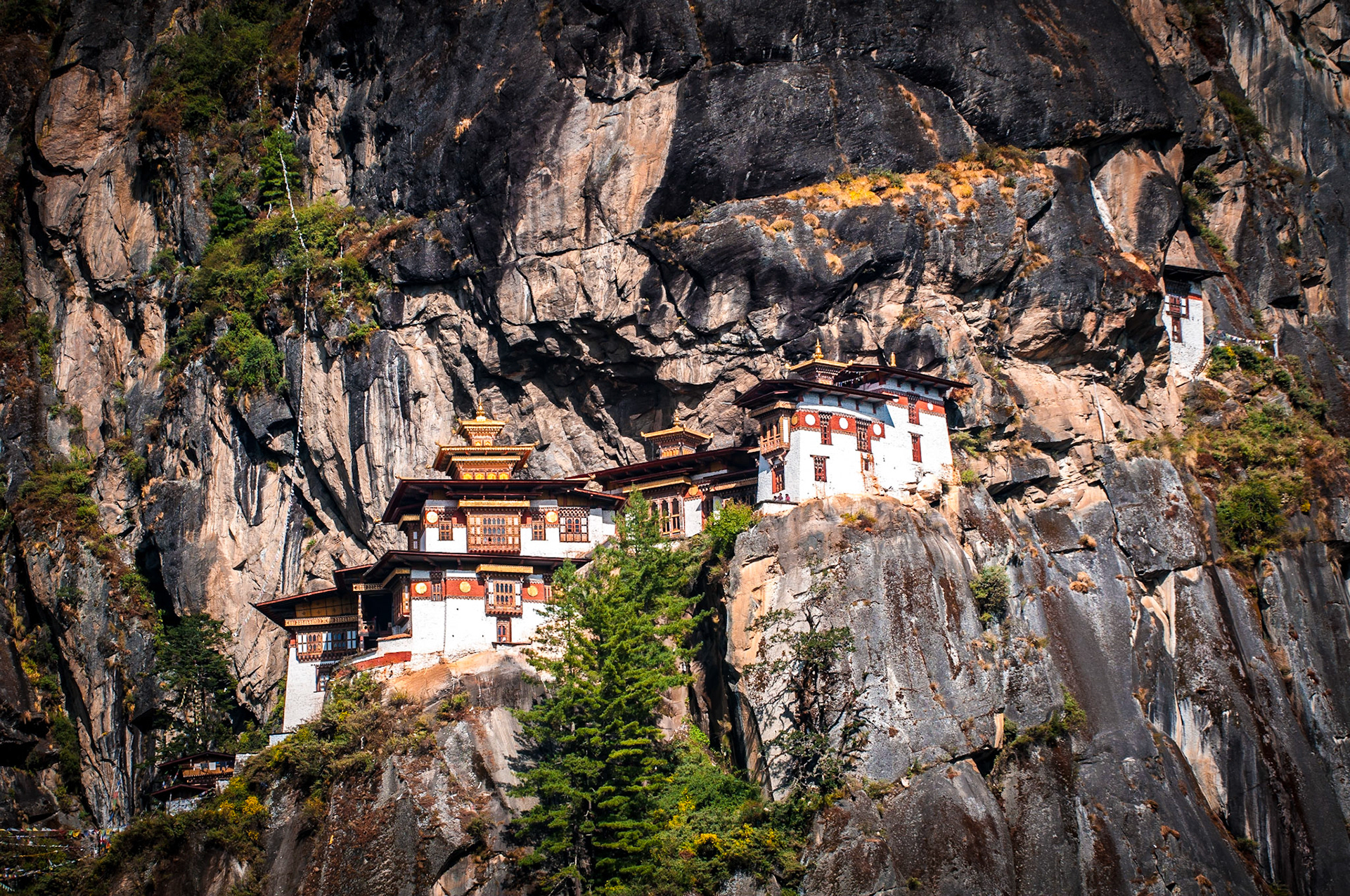 The Taktsang Palphug Monastery (also known as Tiger's Nest), is a prominent Himalayan Buddhist sacred site and temple complex, located in the cliffside of the upper Paro valley, in Bhutan. A temple complex was first built in 1692, around the Taktsang Senge Samdup cave where Guru Padmasambhava is said to have meditated for three years, three months, three weeks, three days and three hours in the 8th century. Padmasambhava is credited with introducing Buddhism to Bhutan and is the tutelary deity of the country. Today, Paro Taktsang is the best known of the thirteen taktsang or "tiger lair" caves in which he meditated.
