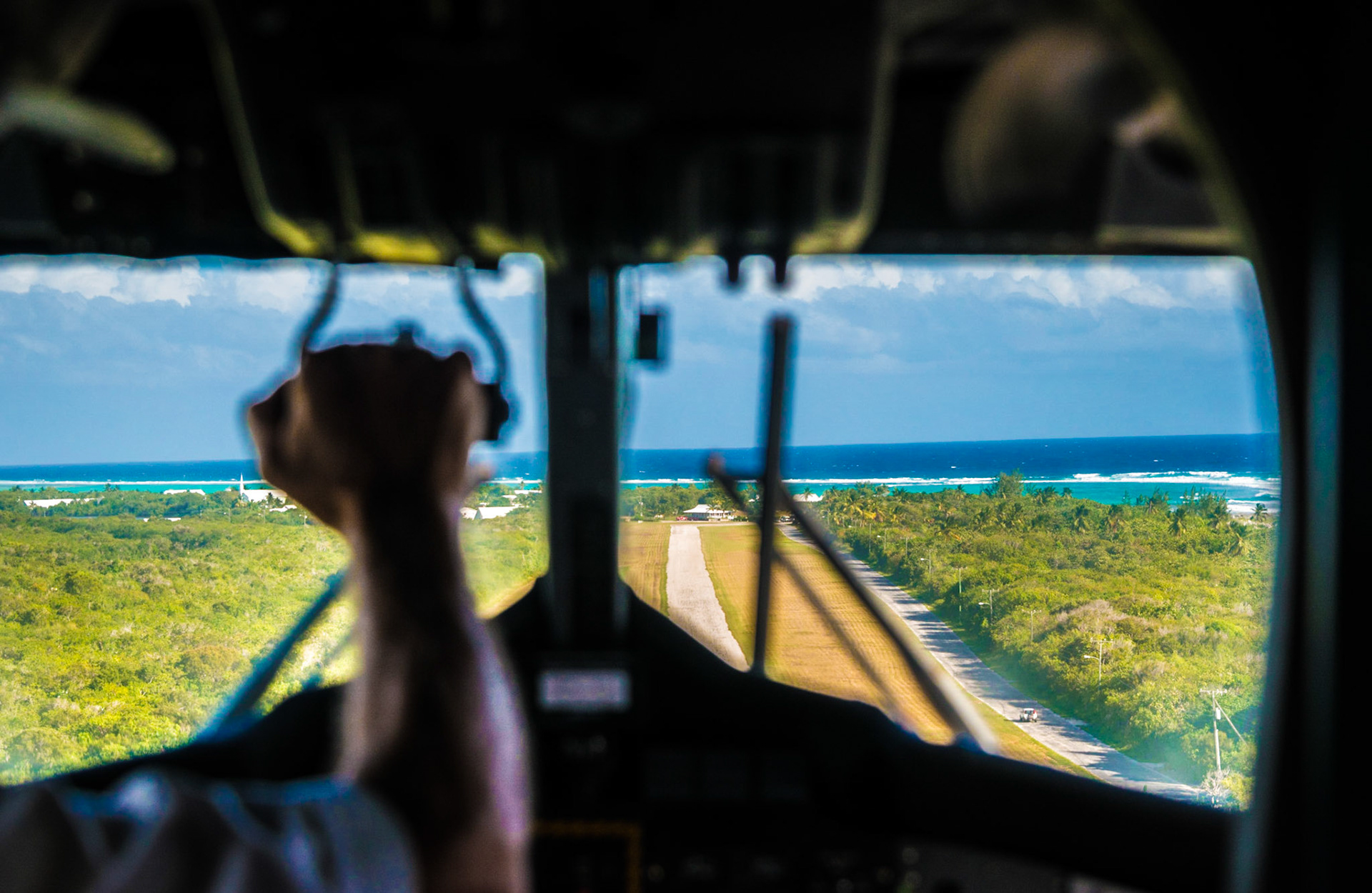 From the cockpit of Twin-Otter plane when landing on Little Cayman Island