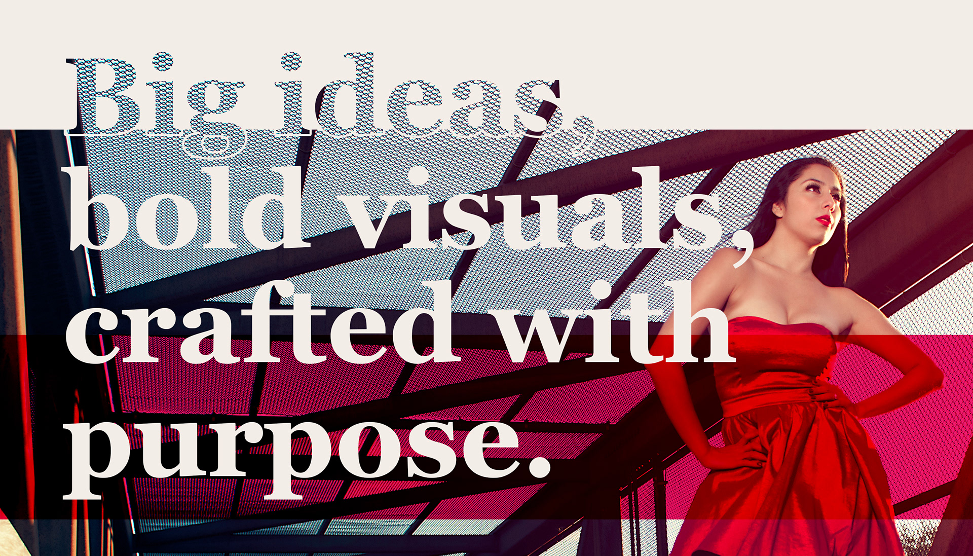 Artistically edited photo of a model in a red dress at sunset on a bridge, reflecting the bold visual strategy and brand identity we craft.