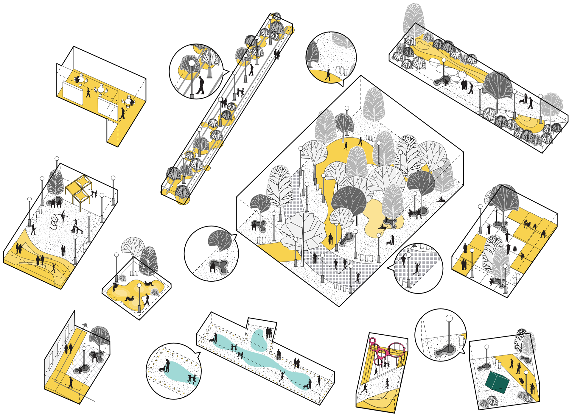 Concept diagrams of 'Rooms' as play and pause spaces.