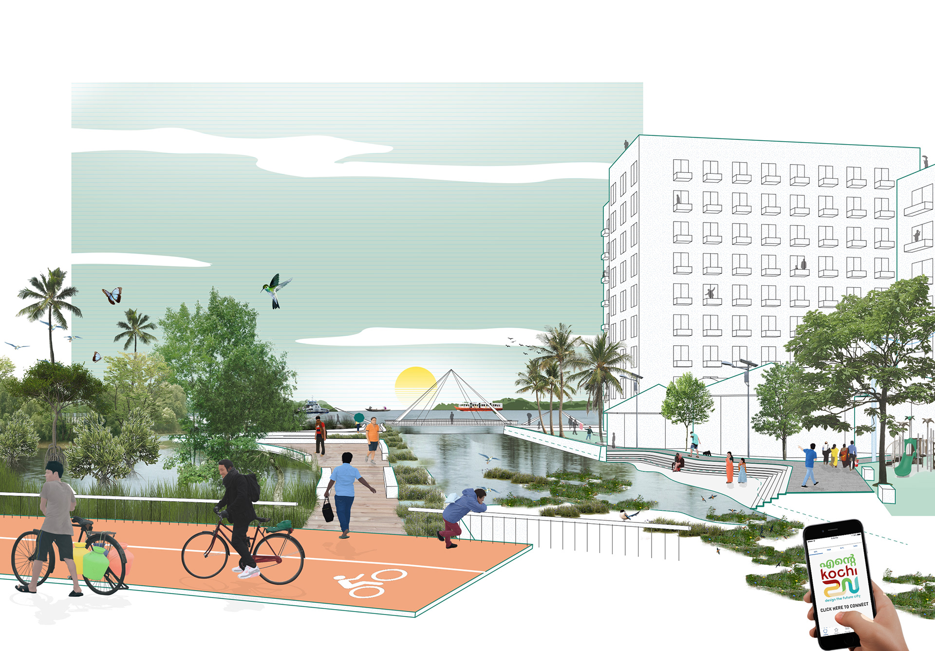 Subsite C: Walking trails for activating the edge along the backwaters.