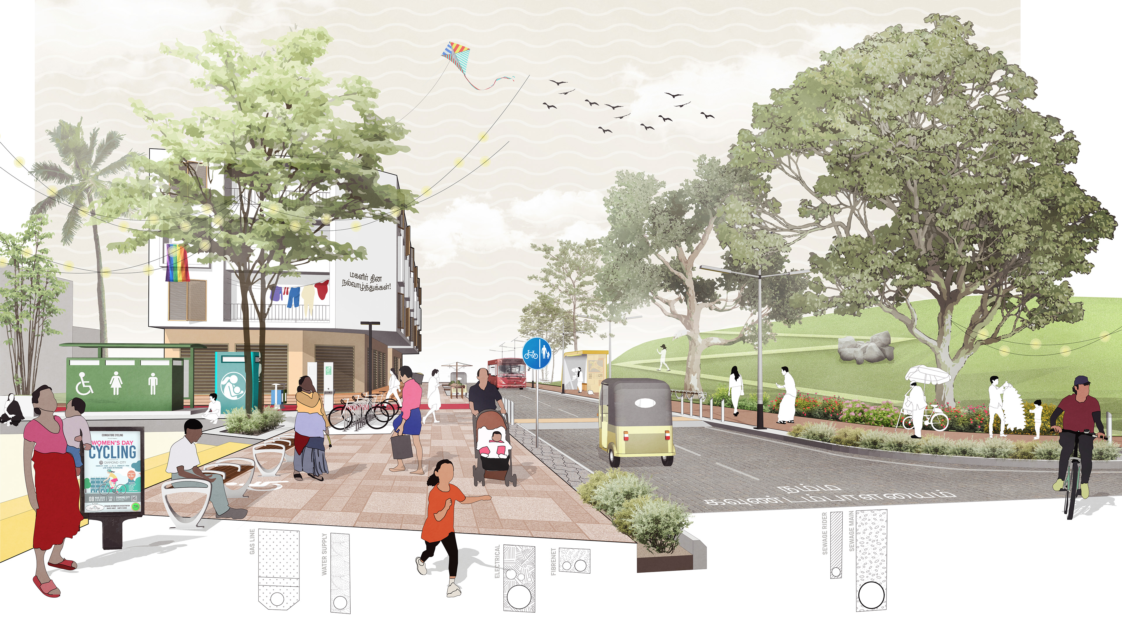 Concept visualisation for street redevelopment as part of the Circular Market proposal.