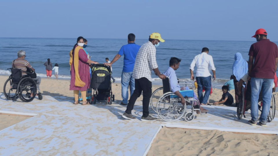 Photo showing the temporary accessible pathway created in Chennai beach