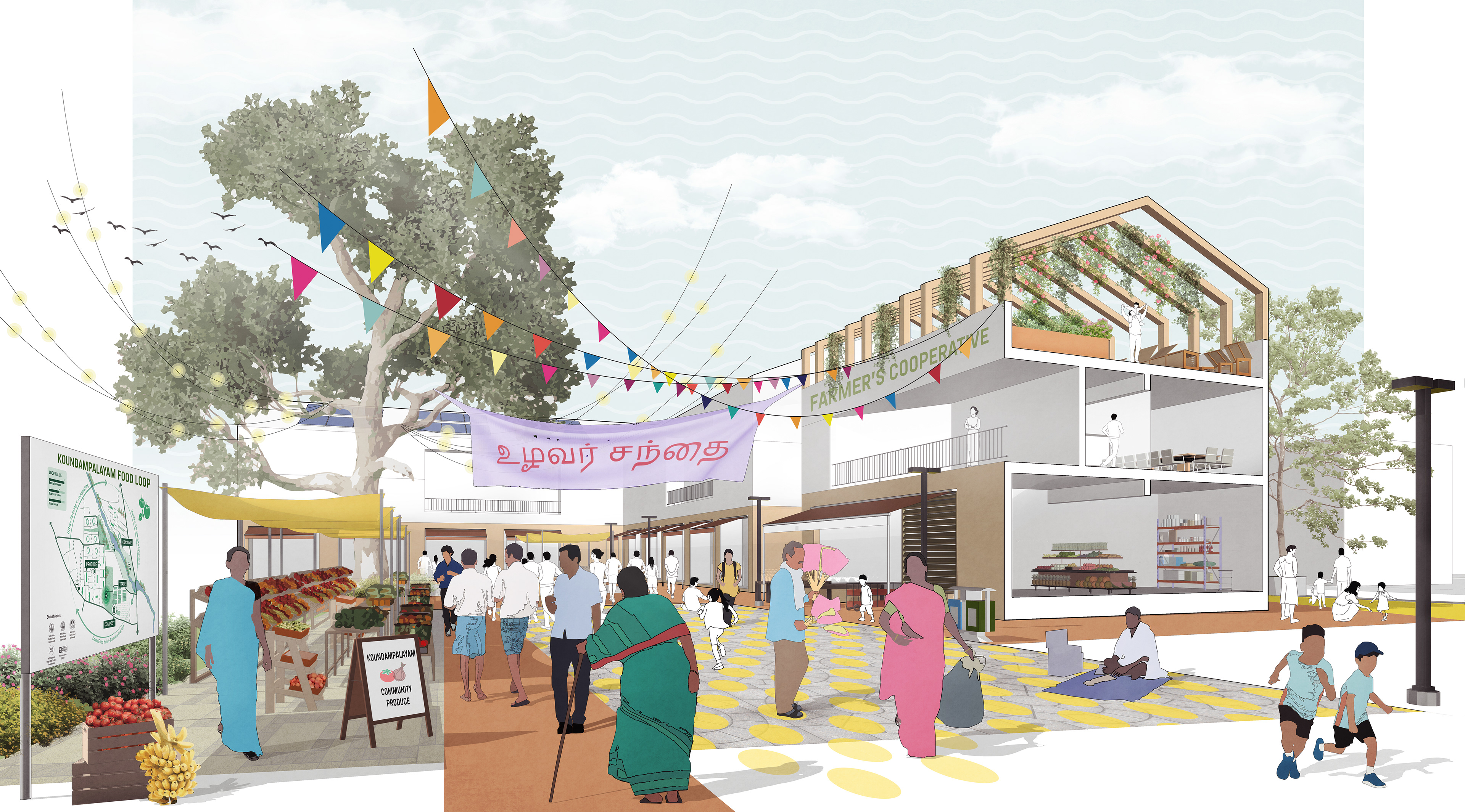 Concept visualisation for plaza design as part of the Circular Market proposal.